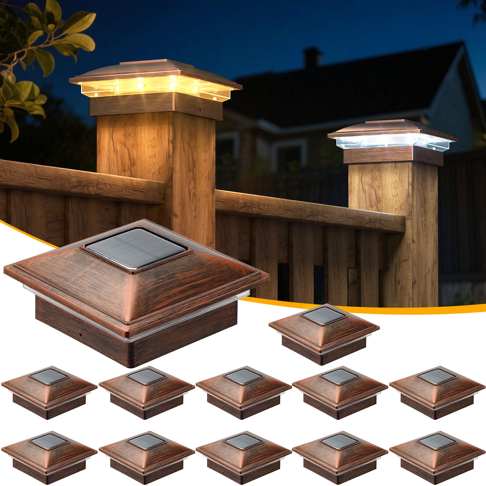 APONUO 12 Pack Fence Post Solar Lights, 2 Modes(Warm/Cool Light) Outdoor Waterproof 4x4 Post Solar Lights, Solar Powered Garden, Patio, Deck Decor for