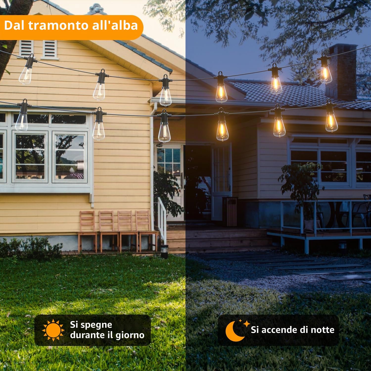 Kawaya 15M Luci Esterno Energia Solare Impermeabile Bianco Caldo Luminosa Esterno Luci da Esterno Giardino Ip65 catena Luci Led con 25+2 Lampadine Infrangibili per Feste In Terrazza Sul Balcone