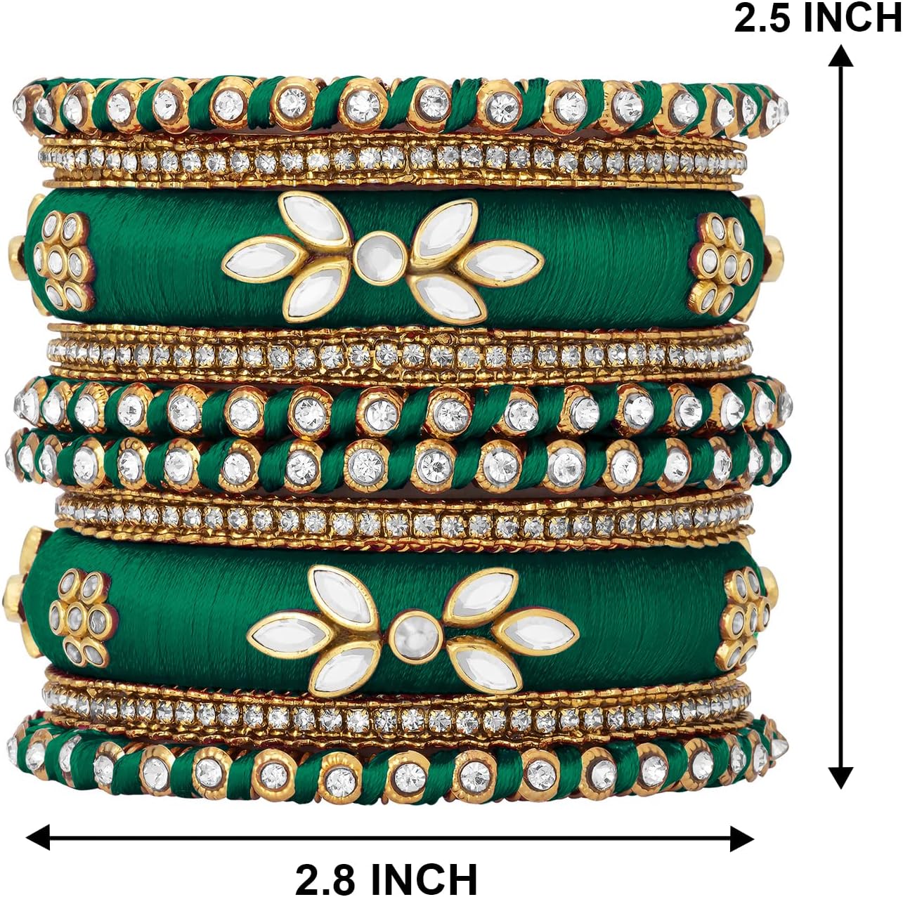 Aheli Silk Thread Kundan Studded Chura Chuda Bangle Set Gift for Women (2.8 inch, Green) - Image 4