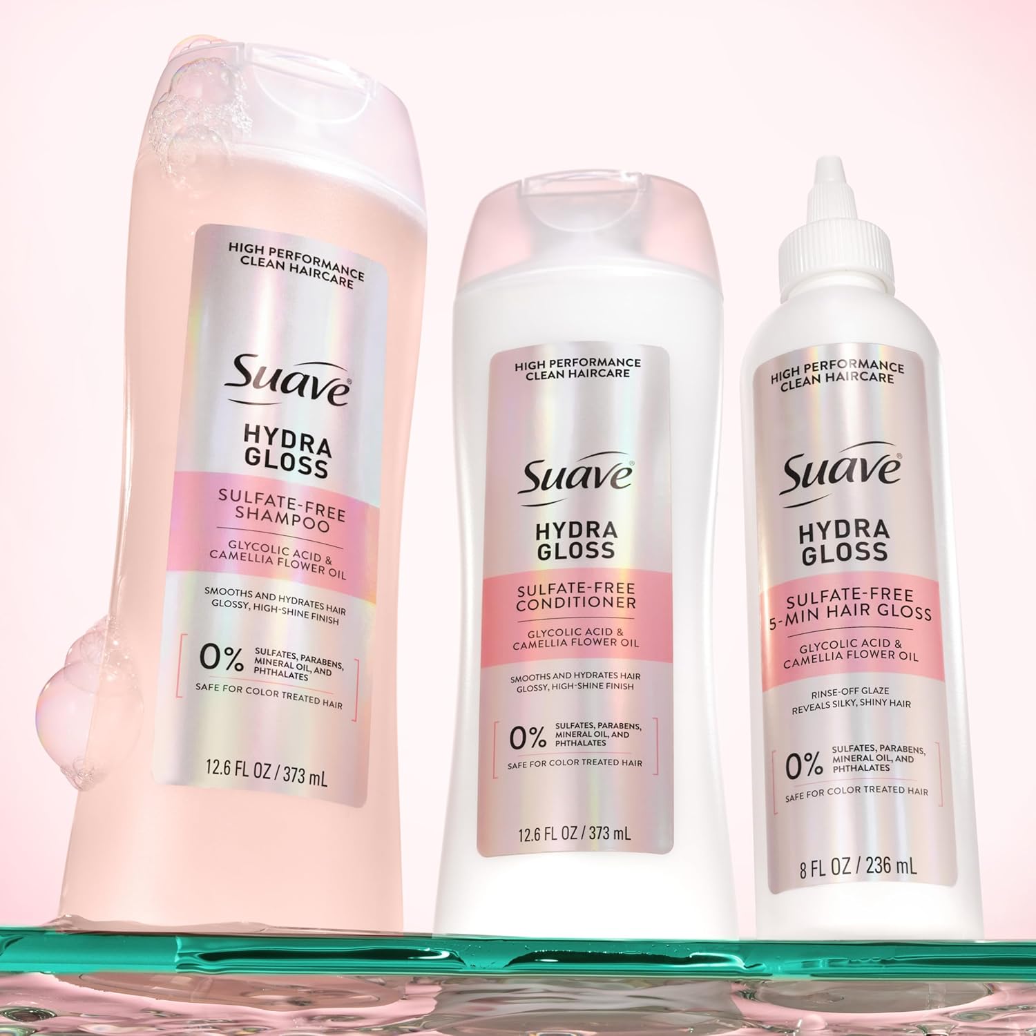 Suave Hydra Gloss Sulfate Free Shampoo with Glycolic Acid & Camellia Flower Oil for Hydrated, Smooth, Glossy Shine, 6 Count, 12.6 FL OZ