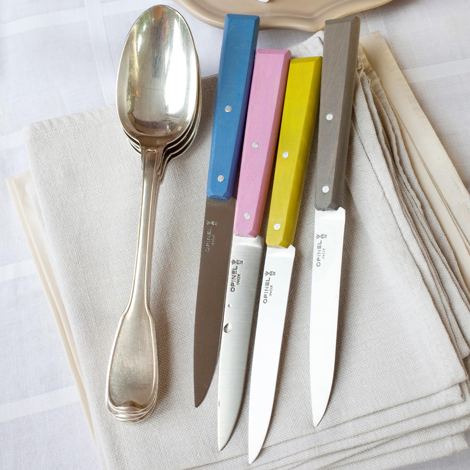 Opinel - Scatola di 4 Coltelli da Tavola N°125 Bon Appétit Campagne - Lama in Acciaio Inossidabile - Manico in Carpino - Fabbricazione Francese - Rosa, Grigio, Tiglio e Azzurro.
