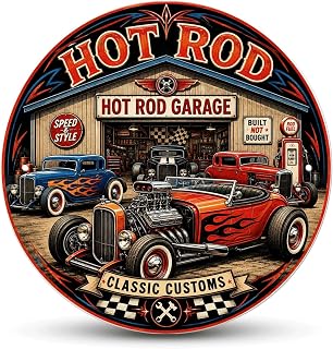 Hot Rod Garage Round Tin Sign, Classic Custom Car Shop Art Wall Decor | 12x12Inch, Retro Hot‑Rod‑Style Round Metal Wall Art for Home Wall Decoration, Gift For Car lovers And Mechanics