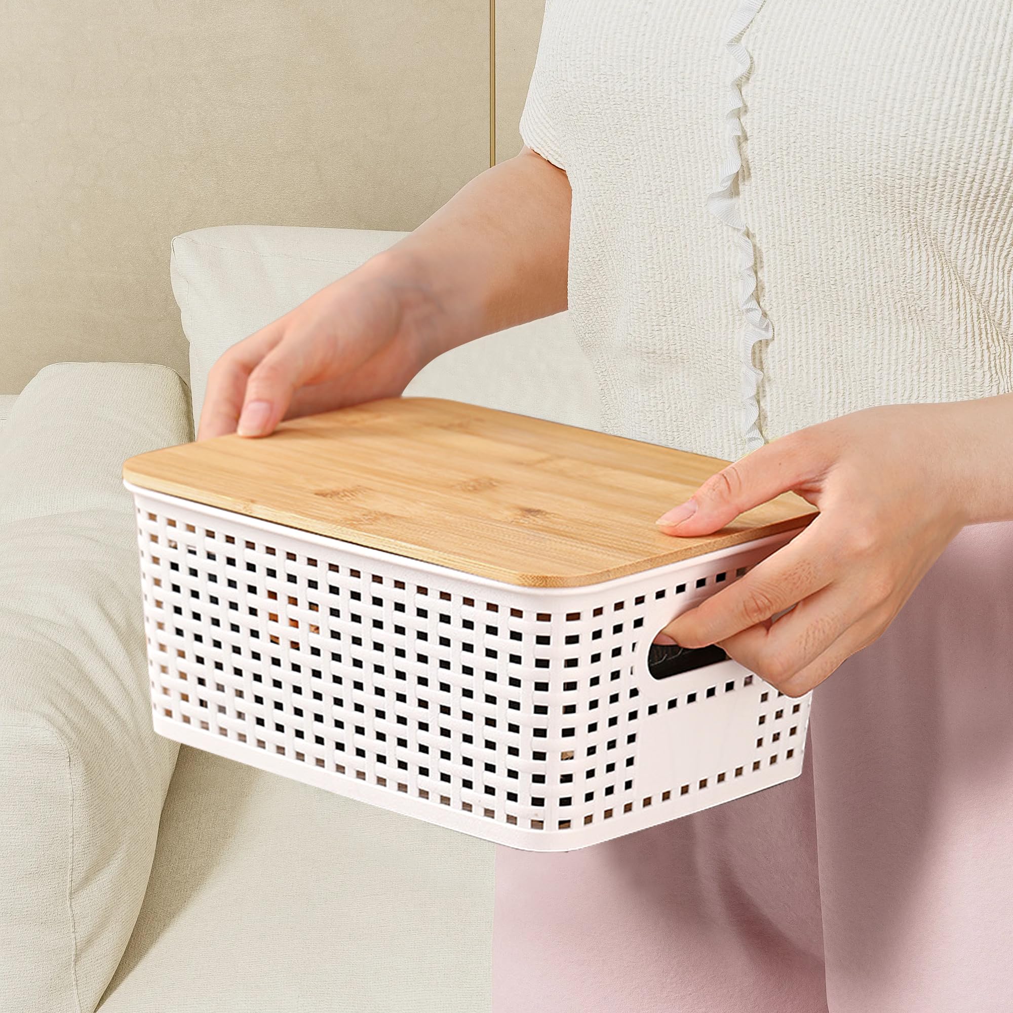 Panier De Rangement En Plastique Recyclé Avec Couvercle En Bambou - 10