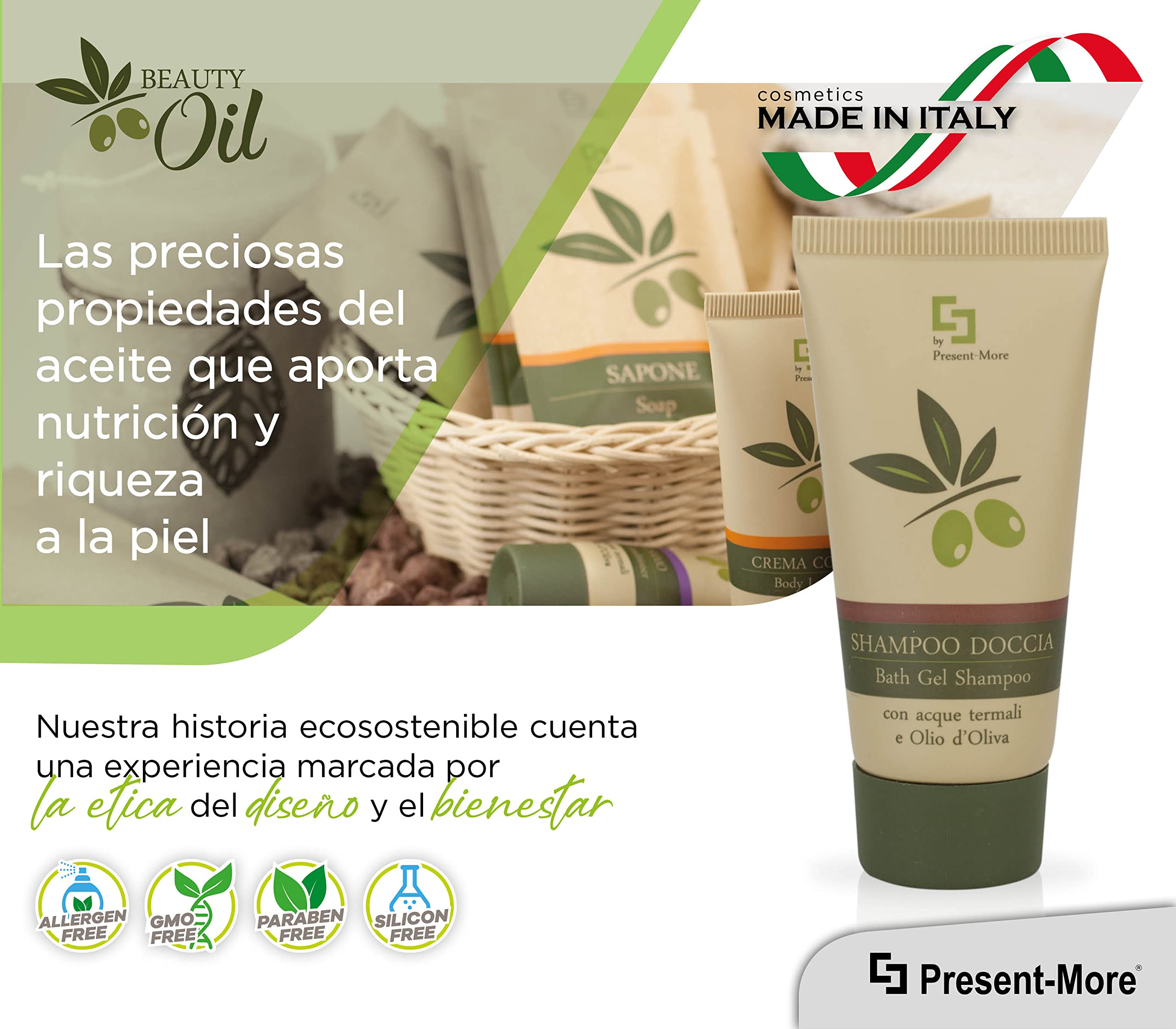 Present-More Champú de ducha 30ml Beauty Oil - Ducha champú 150 unidades para Hoteles y B&B | Ducha champú sin alérgenos con fragancia Tahitian