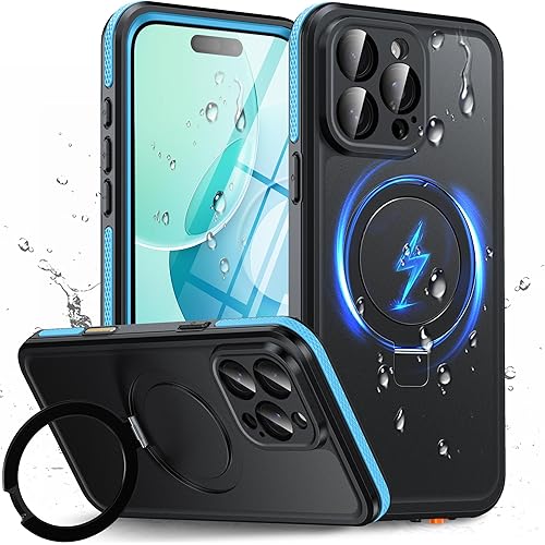 Oterkin Magnetic Waterproof for iPhone 15 Pro Case with[Built-in Screen Protector][Invisible Stand][Fit for MagSafe][360ºFull Body Sealed] Heavy Duty Rugged IP68 Underwater Case for iPhone 15 Pro Blue
