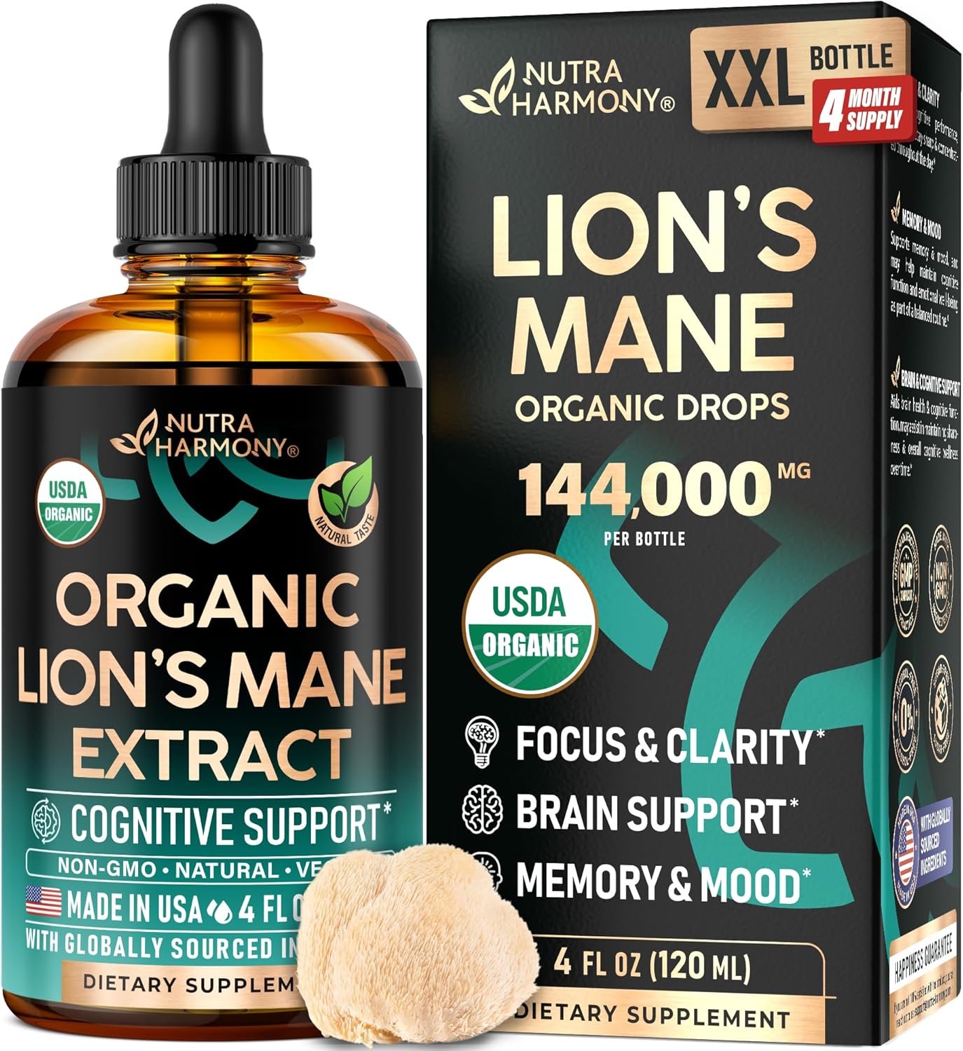 Lions Mane Liquid – USDA Certified Organic Lions Mane Supplement – Brain Support, Energy, Memory & Focus – Sugar & Alcohol-Free Lion’s Mane Mushroom Extract 144,000 mg / Bottle, 4fl oz, 4 Month Supply
