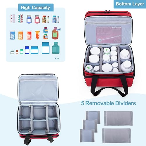 Miniatura 3 de CURMIO Bolsa organizadora de botellas de píldoras de doble capa vacía, organizador de medicamentos con cremalleras bloqueables, bolsa de viaje para