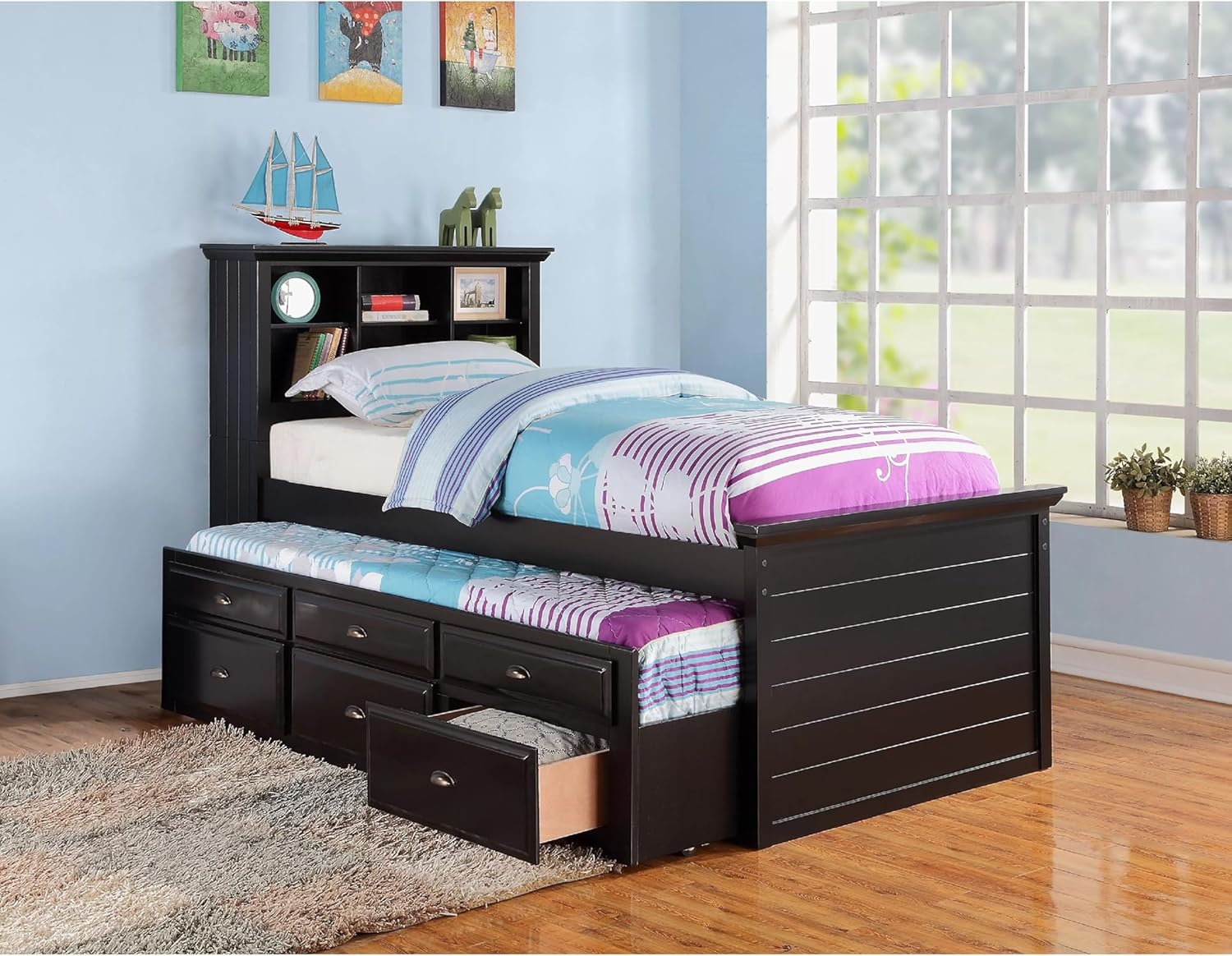 Benjara Toni Twin Size Trundle Bed with 6 Drawers, Bookcase Headboard, Black Wood