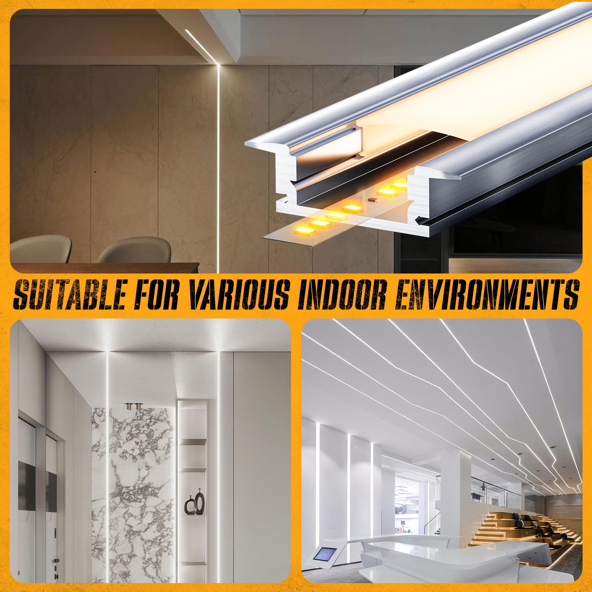 Perfil Aluminio Tira LED 2m (6 Unidades), Perfil LED con Difusor LED Opaco, Canaleta Tira LED para Tiras de Hasta 12mm, Incluye Tapas y Clips de Montaje - Tamaño 24.7 × 7mm (6*2M(Total 12M))