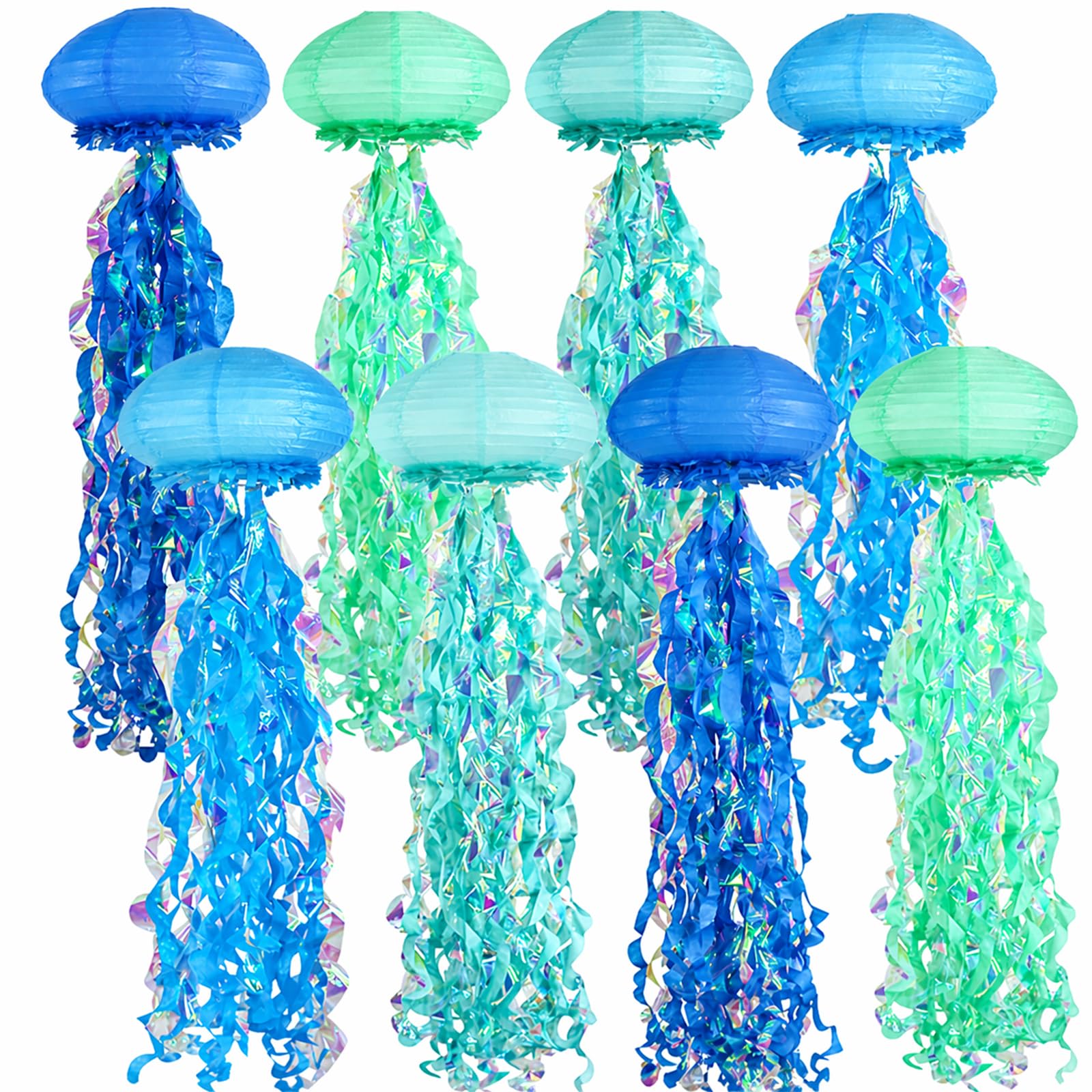 8 Pack Jellyfish Paper Lanterns, Blue Teal Mermaid Under the Sea Decor Kit