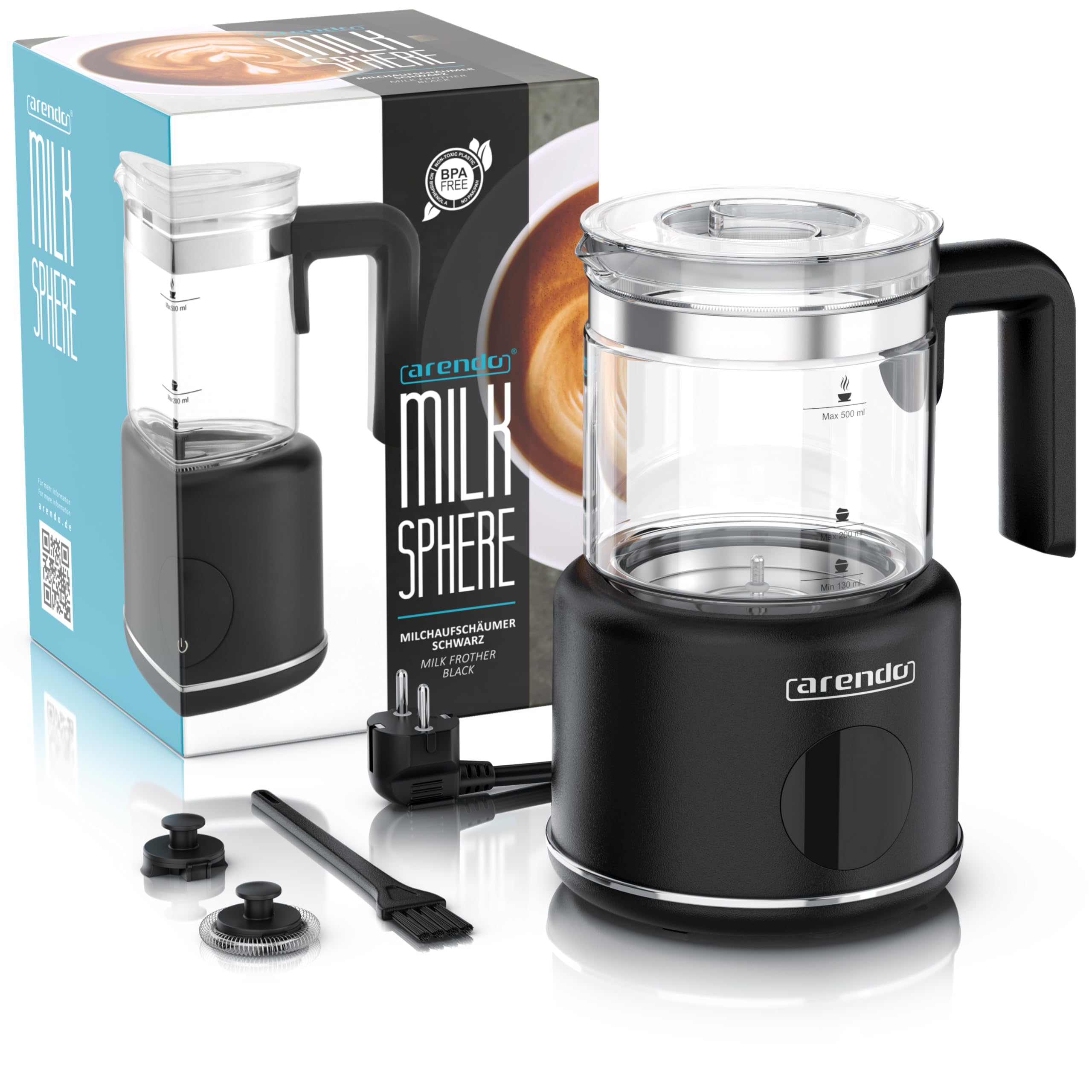 Arendo – Milchaufschäumer elektrisch – 500 ml – 6 Automatikprogramme – Milchschaum für heiß und kalt – 2 Einsätze – Milchschäumer für Cappuccino Latte Macchiato heiße Schokolade