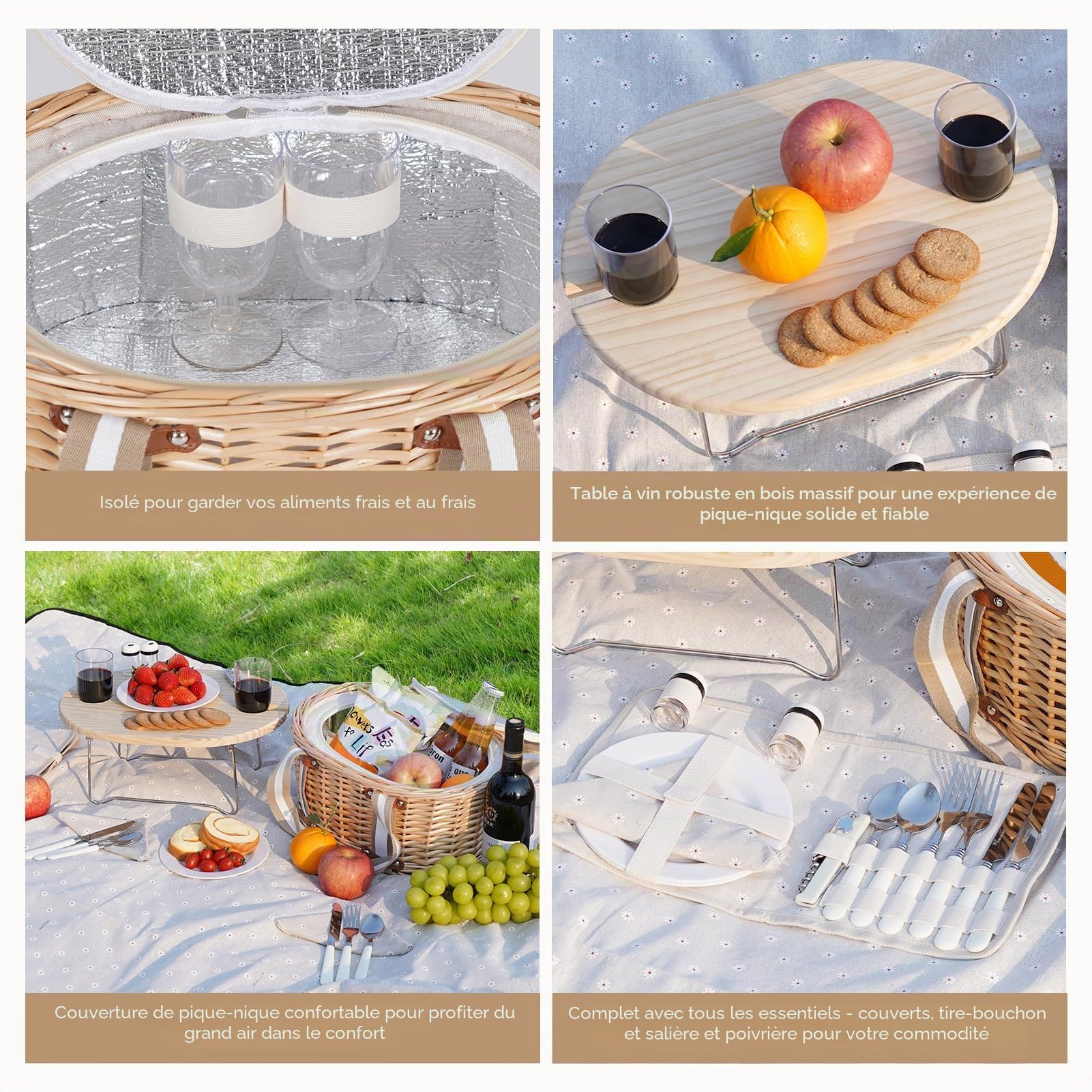 Ensemble de paniers de pique-nique pour 2 personnes - Panier isolé en osier avec couverture imperméable - Table de pique-nique pliable pour vin et couverts - Pour camping, extérieur, Saint-Valentin