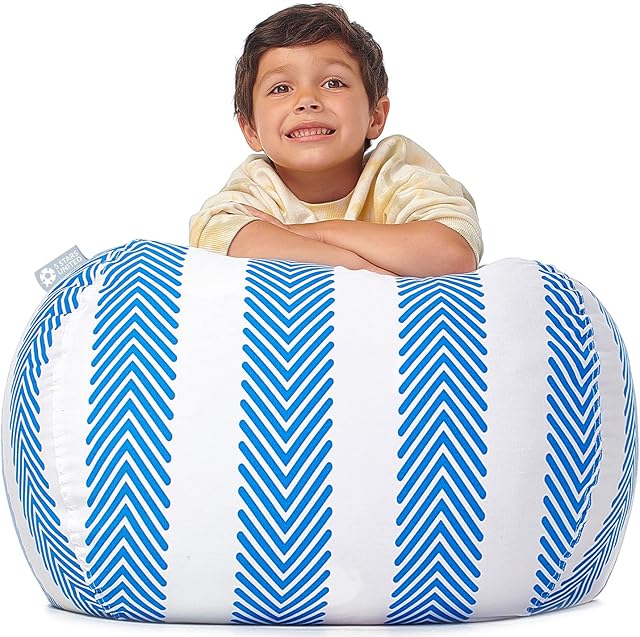 Kids Bean Bag - COVER ONLY - Stuffed Animal Storage - Large Triangle Beanbag Chairs for Kids - 90+ Teddy Plush Toys Holder and Organiser for Boys and Girls - 100% Cotton Canvas - Blue Stripes