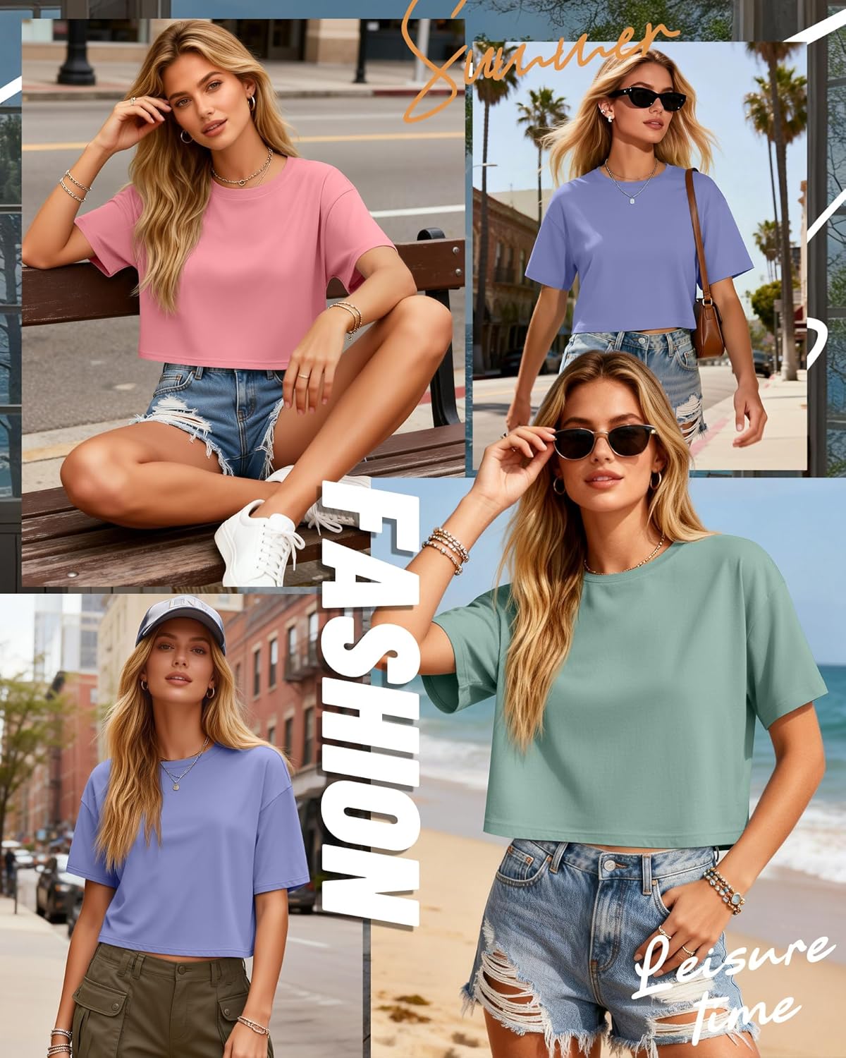 Ficerd 3 Pack Women Crop Tops Half Sleeve Cropped T Shirts Casual Crew Neck Drop Shoulder Loose Summer Solid Color