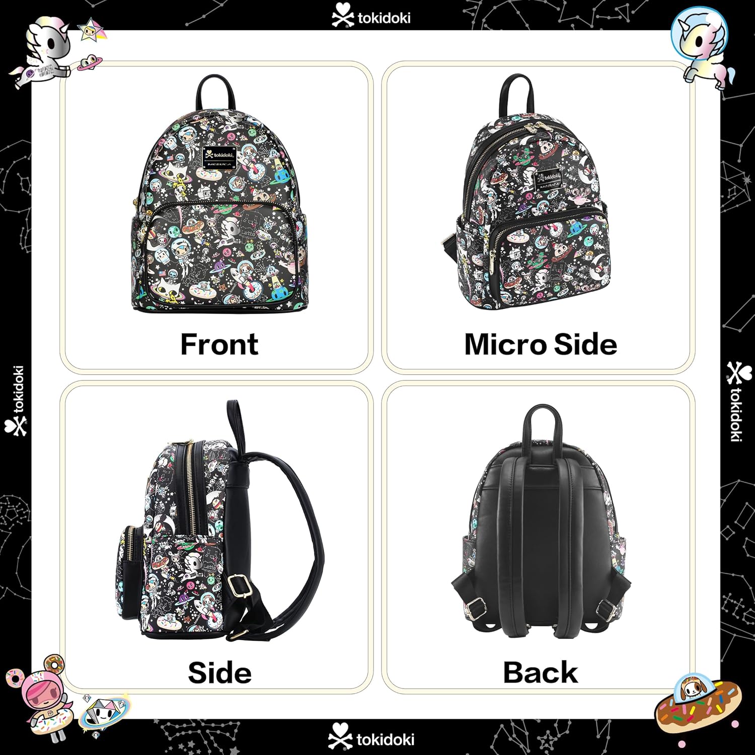 Tokidoki Mini Backpack Purse for Women, Unicorno Black PU Leather Shoulder Bag Daypack Handbag for Work Shopping Travel (PU-Black) - Image 5