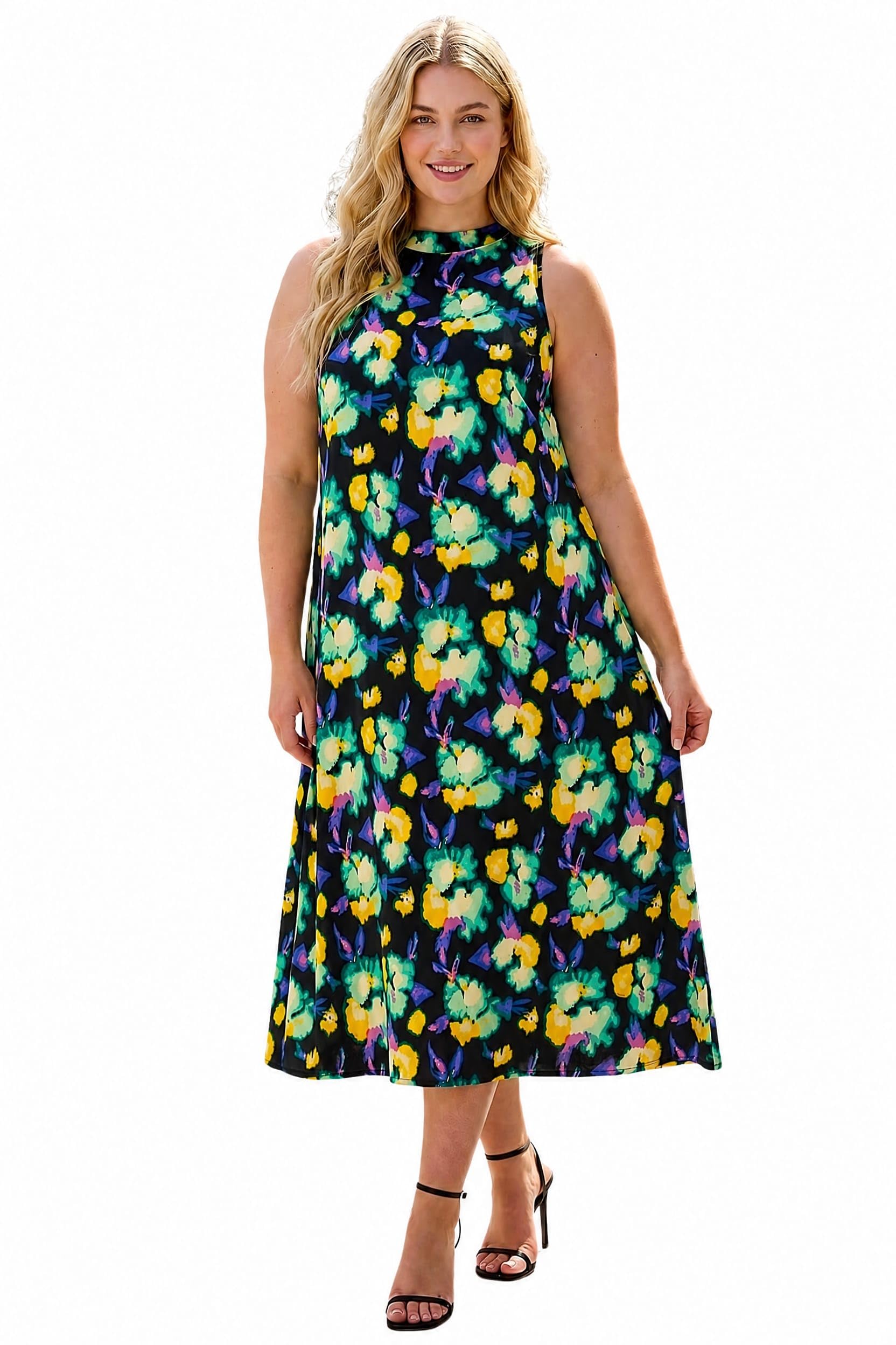 Roman Curve Highneck Floral Midi Dress for Women UK - Ladies Everyday Holiday Spring Summer Comfy Soft Evening Vacation Work Party - Green Plus - Size 2224