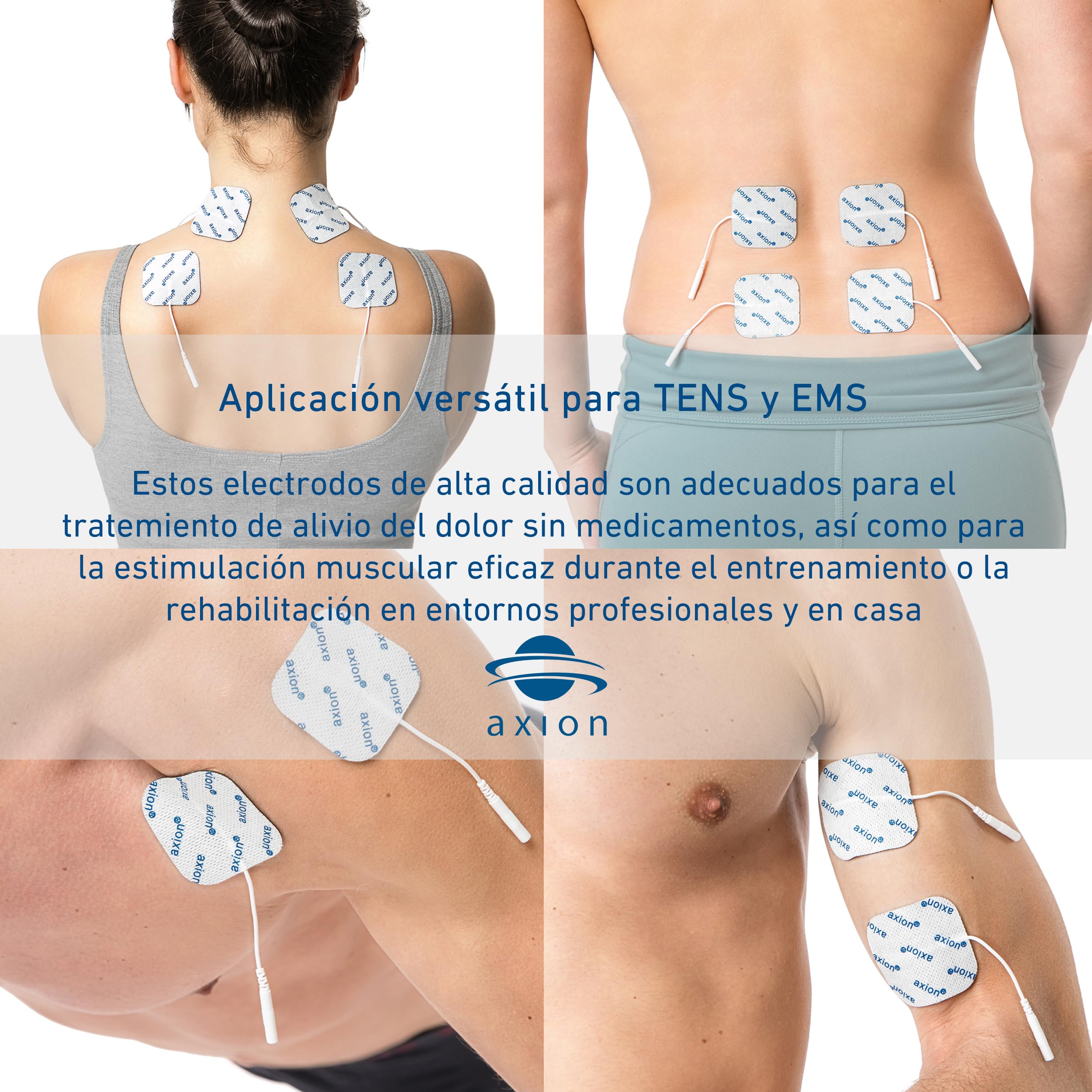 52 electrodos de recambio axion® | Parches de 4x4 cm para electroestimulador TENS EMS | Reusables y autoadhesivos | Conector pin de 2 mm