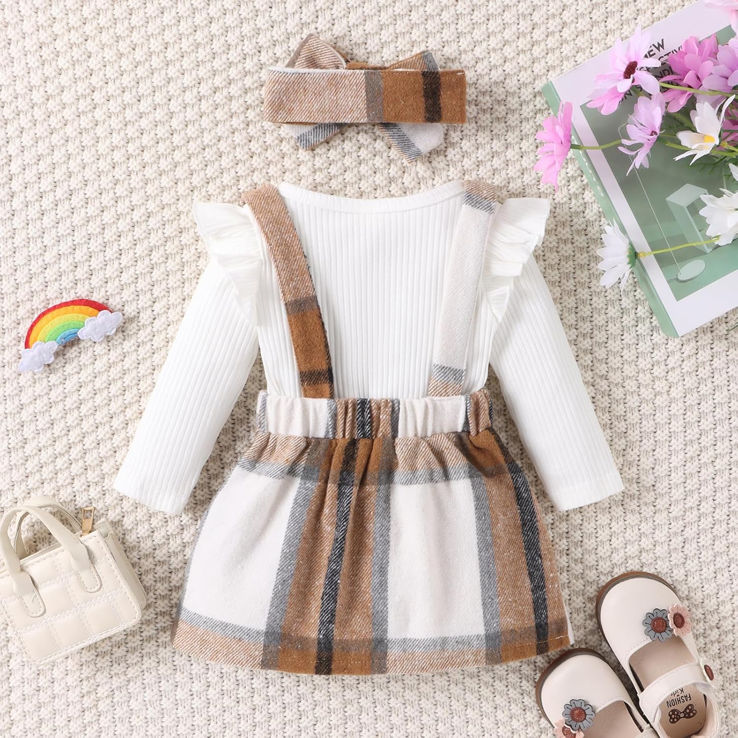 Douhoow Infant Girl Fall Outfits Baby Girl Romper Plaid Suspender Dress Skirt with Headband 3Pcs Festival Clothes - Image 4