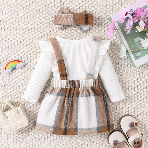 Miniatura 5 de Kupretty Ropa de otoño para bebé recién nacida, con volantes, manga larga, acanalado, con tirantes, diadema, traje de invierno