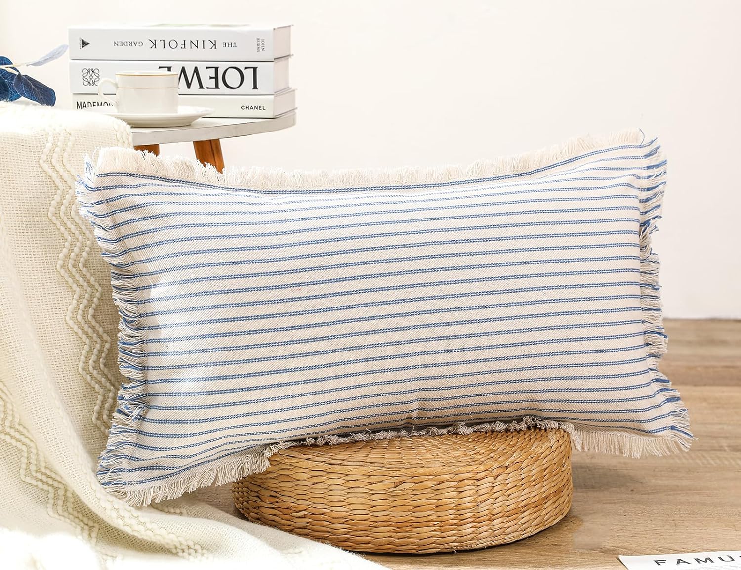 PANOD Decorative Boho Long Lumbar Pillow Cover 16x24,Super Soft Cotton Modern Long Rectangle Pillow Cover Pillow Case for Bed Sofa Couch Farmhouse Livingroom,Light Blue