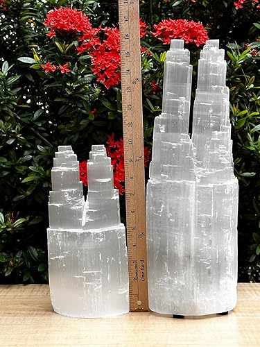 Miniatura 5 de Lámpara de rascacielos doble de selenita, lámpara de selenita de dos torres, lámpara de torre doble de cristal curativo blanco natural, lámpara de