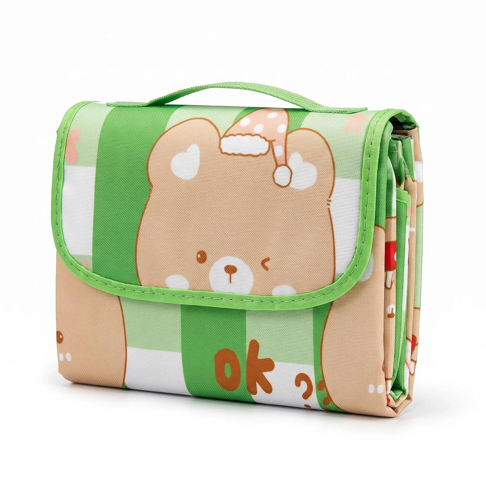 HUANYO Waterproof Picnic Blanket 200x300cm, Extra Large Foldable & Washable Outdoor Mat with Carry Handle, Cute Bear Print Beach Blanket for Camping, Hiking, Park, Travel (Green)