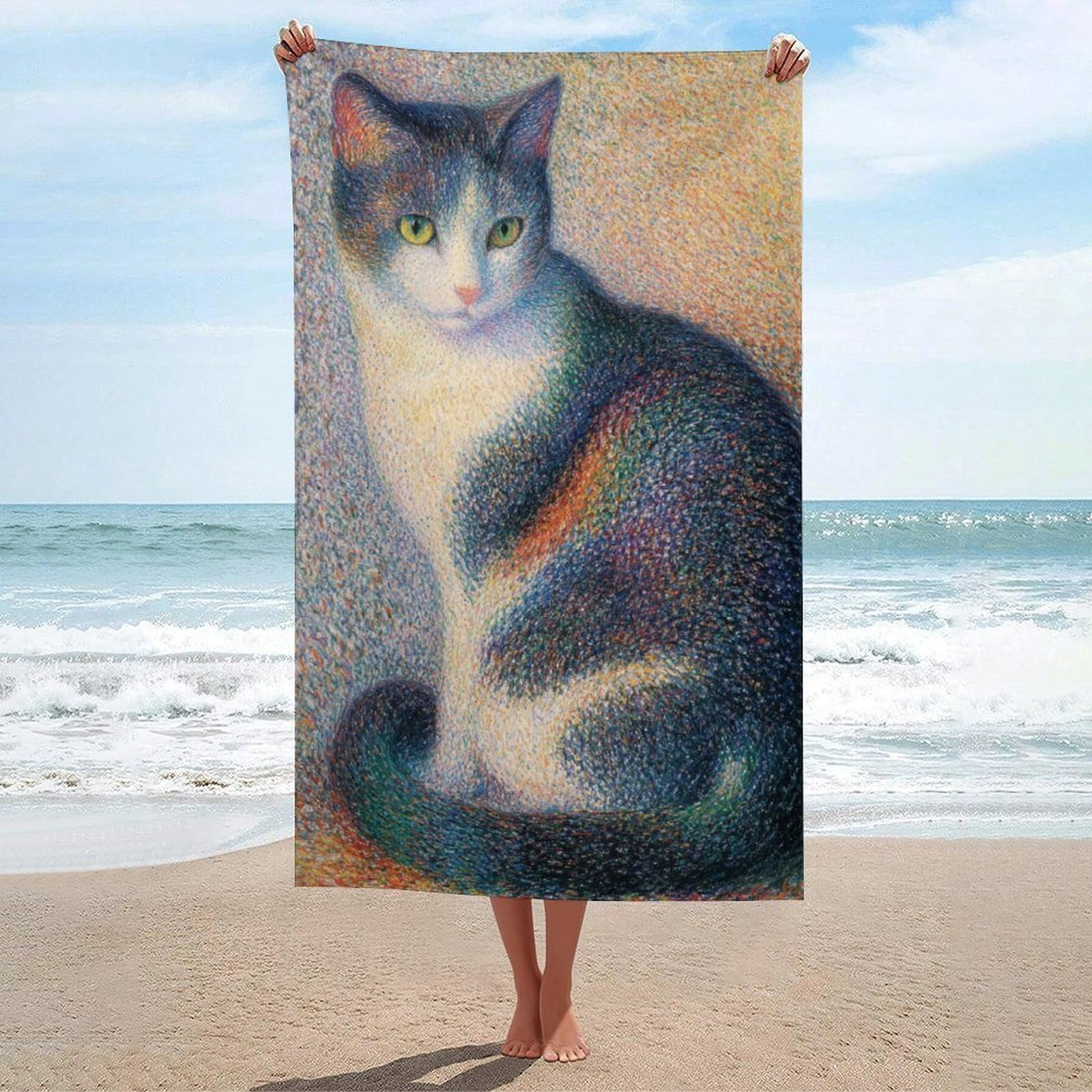 Serviette de plage anti sable et séchage rapide motif chat coloré