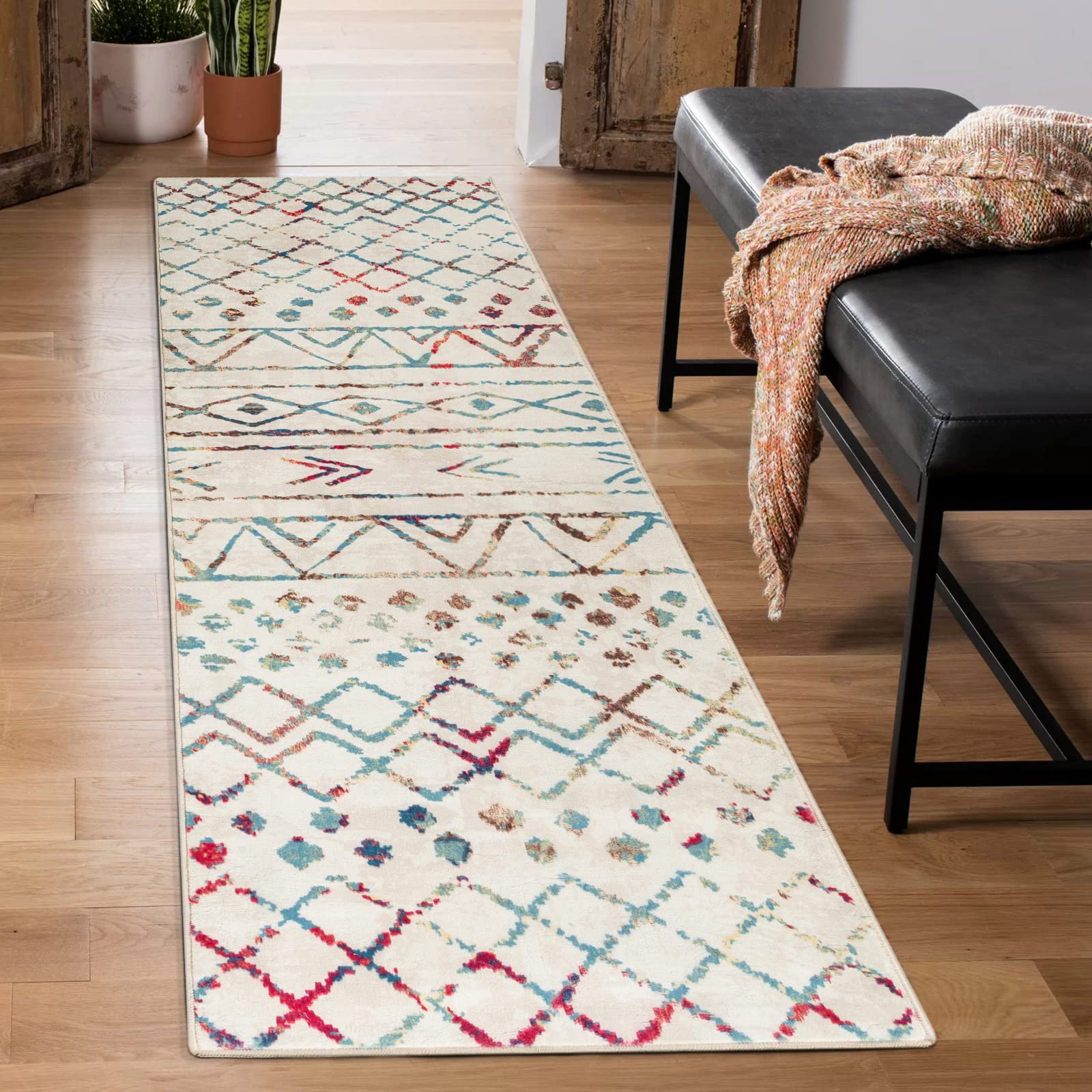 Carvapet Alfombras de Pasillo 60x210cm Alfombra Corredor Antideslizante Larga Alfombras de área Lavable Suave Microfibra Geométrico Tribal Alfombra Comedor Pasillo(Multicolor)