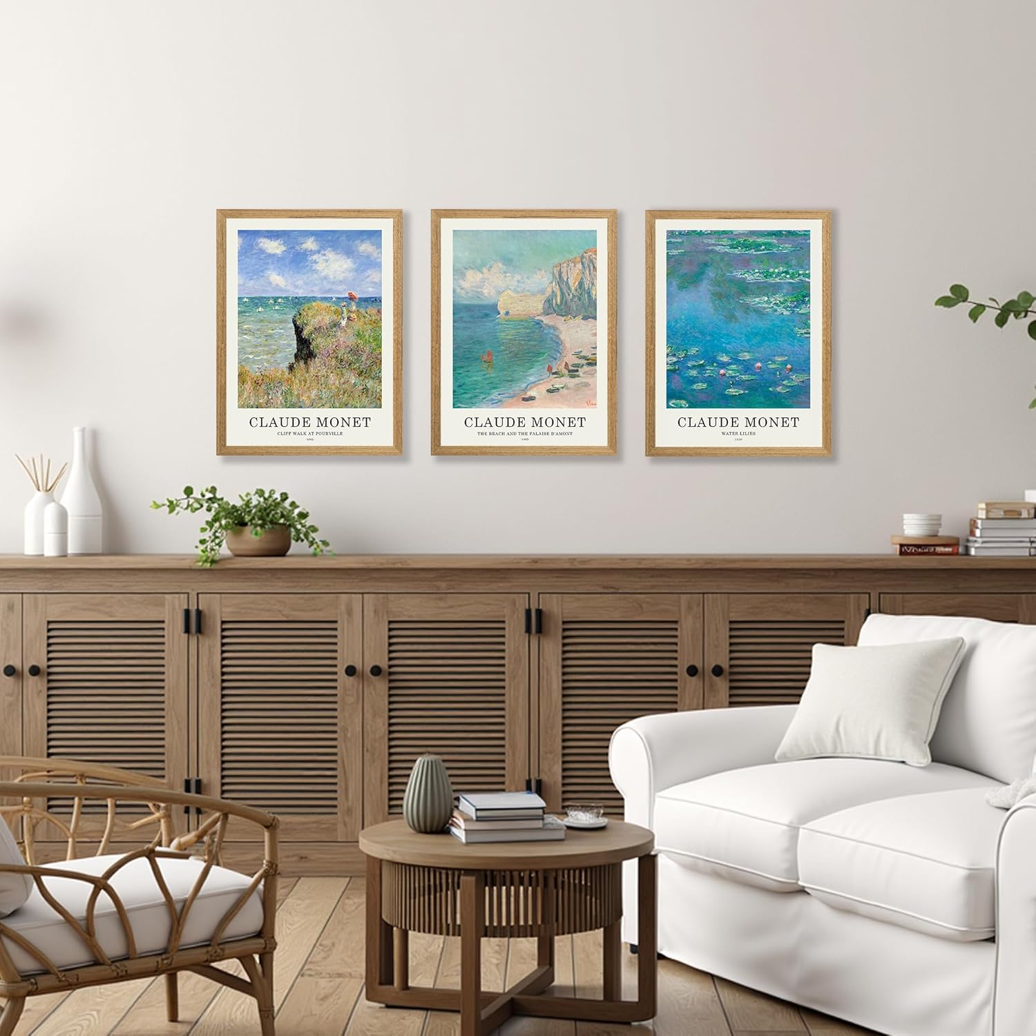 JLTULT 3 Piece Framed Vintage Claude Monet Canvas Wall Art, Impressionism Landscape Wall Decor, The Cliff Walk at Pourville Water Lilies Prints for Living Room Bedroom Office 12x16 in Easy to Hang 16"L x 12"W Monet