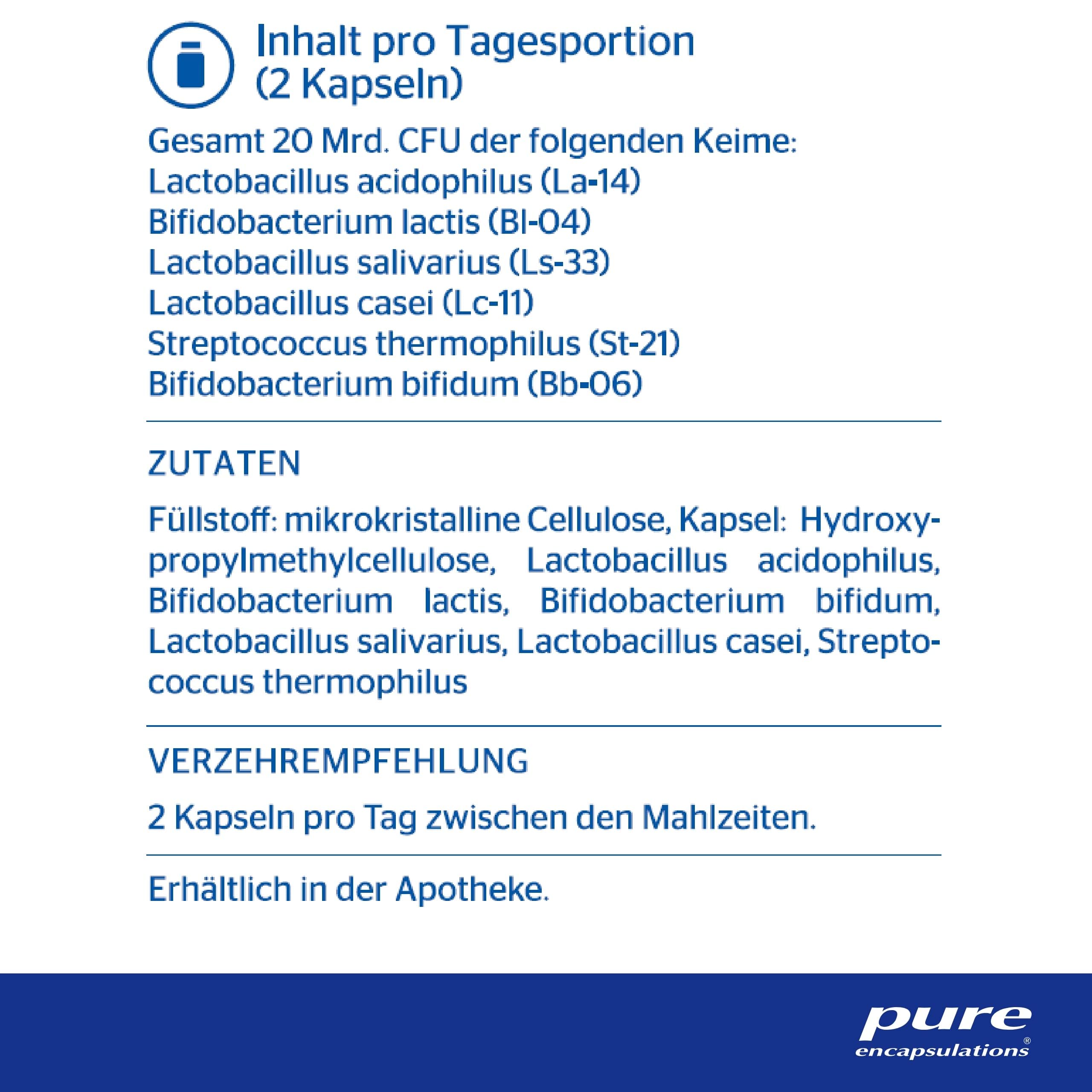 Pure Encapsulations - Probio Basic - Bifidobakterien und Lactobazillen - Sechs Bakterienstämme, 20 Mrd. CFU - Säureresistent, Gluten- und Laktosefrei - 60 Kapseln