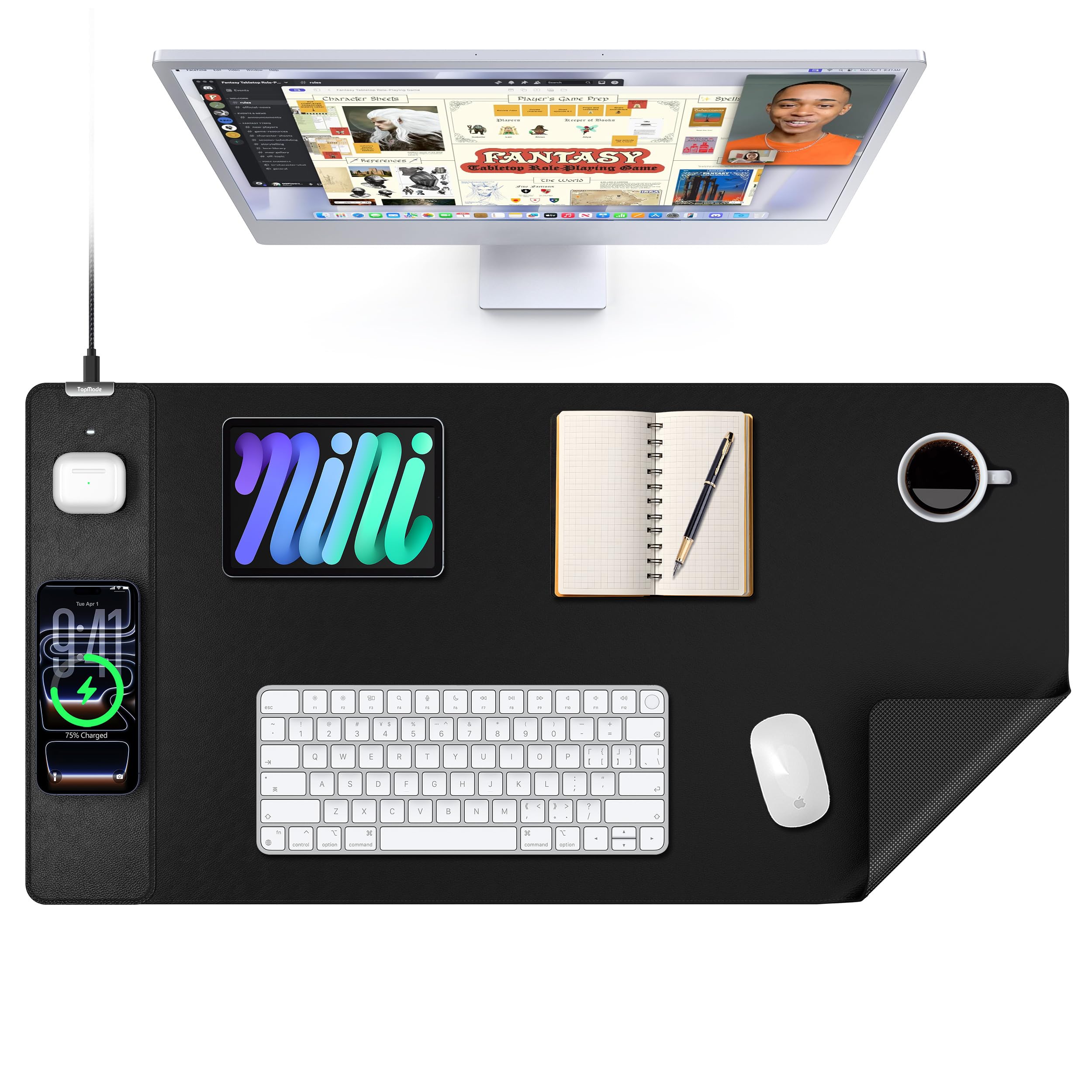TopMade Alfombrilla de mouse con carga inalámbrica de 15 W, alfombrilla de escritorio de cuero grande XXL, impermeable, para juegos, hogar, oficina, escritorio, protector de teclado de computadora