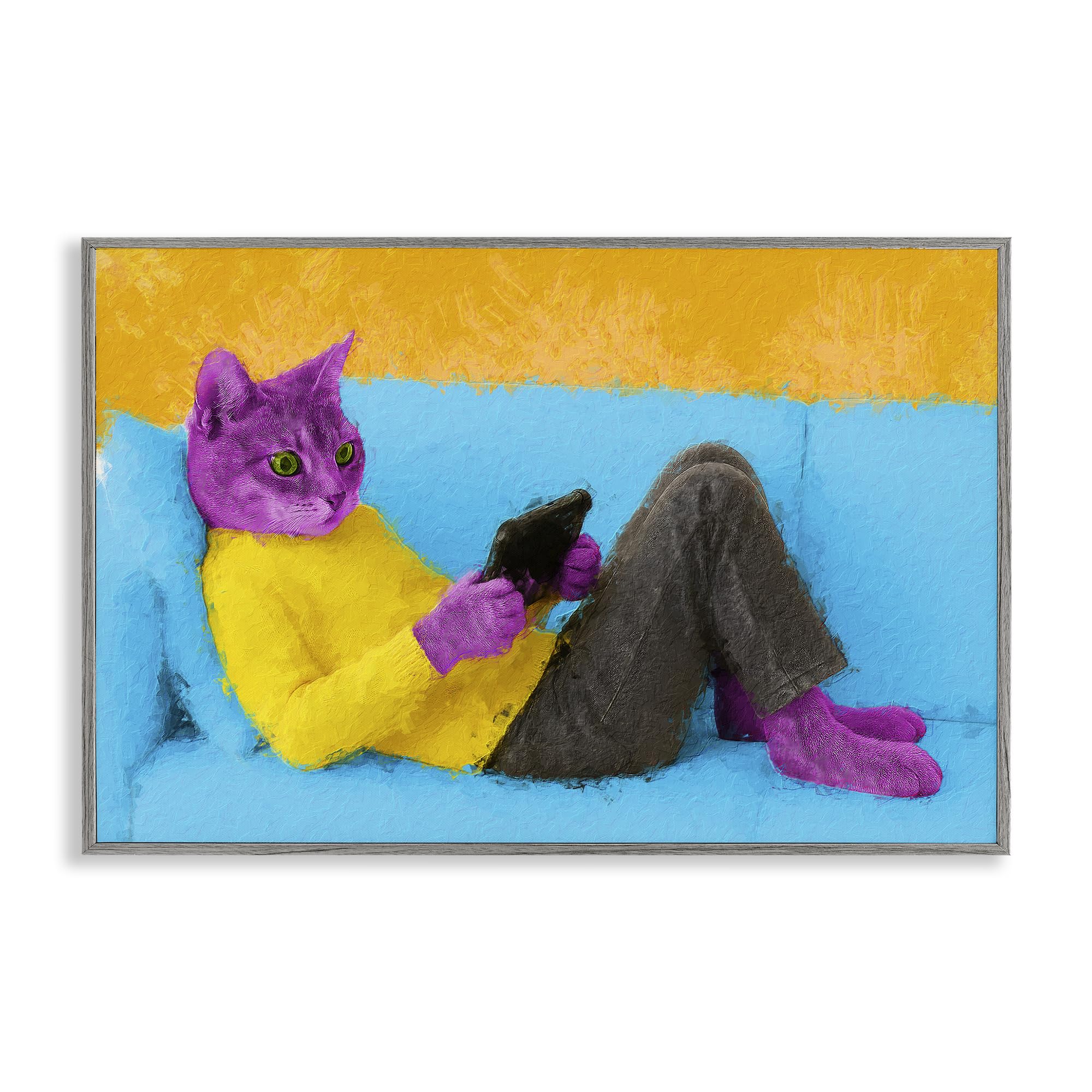 Stupell Industries Farmhouse Gray (Textured) 'Vibrant Cat Playing Game'| Framed Giclee Art