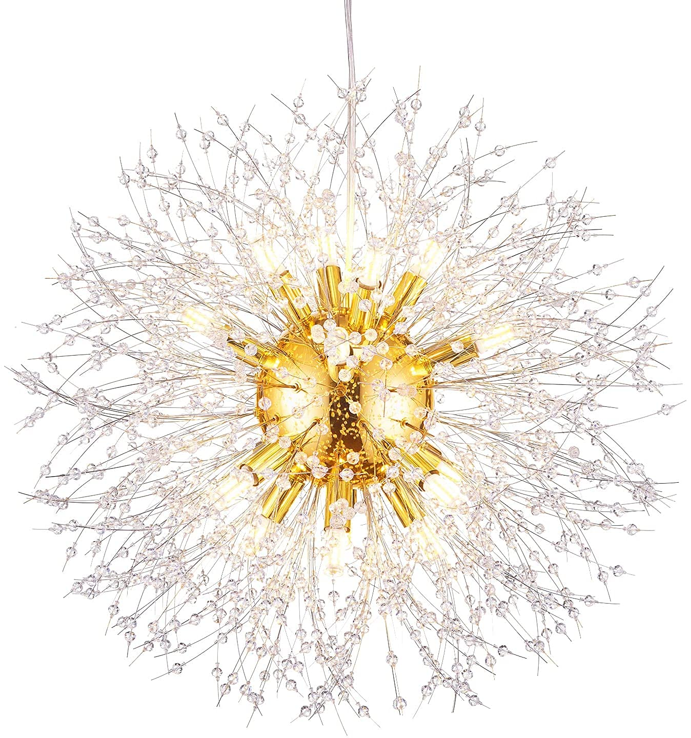 SYAXVOM Modern Crystal Dandelion Chandelier - Elegant Decorative Lighting for Living Room Dining Bedroom & Kitchen Golden Finish 16 Lights Stunning Home Decor