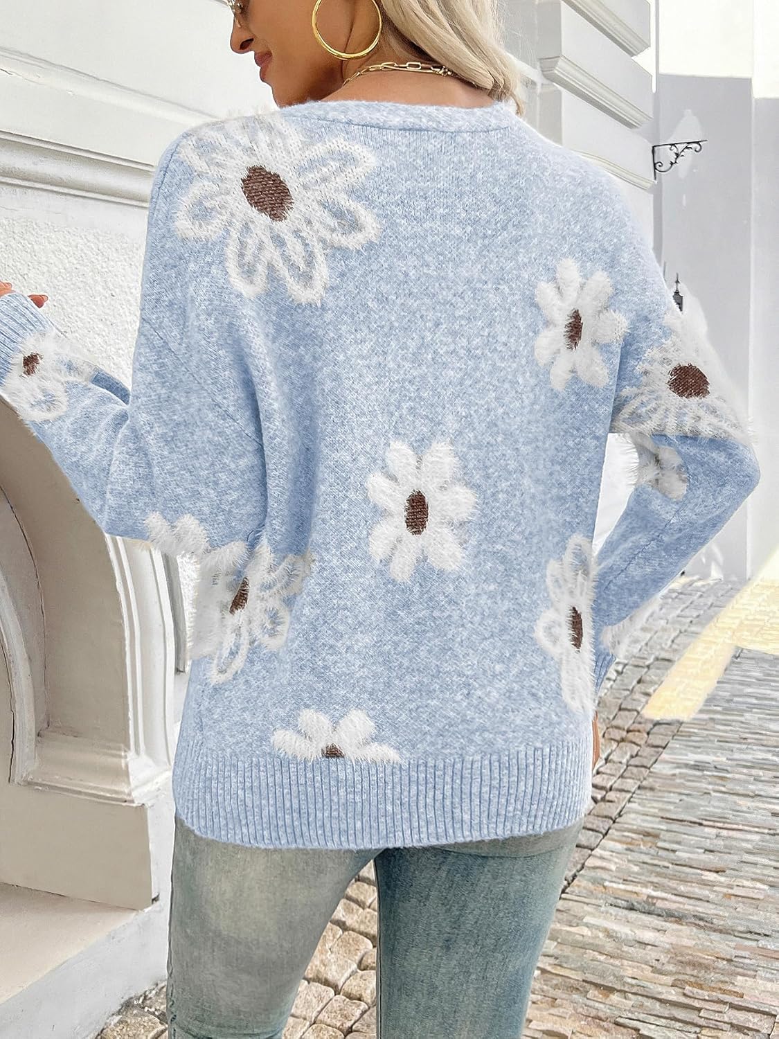 Women's Cardigans Casual Long Sleeve V-Neck Button Down Floral Sweaters Open Front Knit Outerwear - Image 4