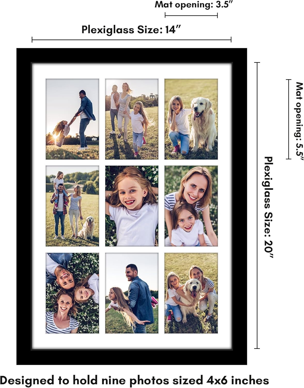 Americanflat 4x6 Collage Picture Frame with Polished Plexiglass - Multi Picture Frames Fit Nine 4x6 Photos or Use as One 14x20 Frame for Wall Display - Signature Collection - Black