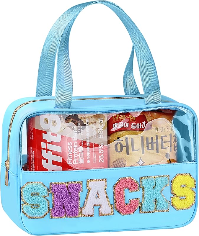 Necessaire transparente TESAFNG com estampa de letras, zíper e alça, nylon e PVC, Snack-Blue
