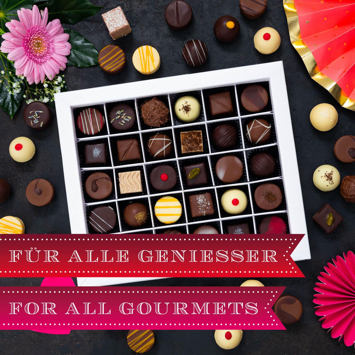 Hallingers Genuss Manufaktur Pralinen Valentinstagsgeschenk - mit & ohne Alkohol, handmade aus Confiserie-Edelkakao in wertiger XXL-Geschenkbox "Love Black", Valentintstag für Frauen Männer