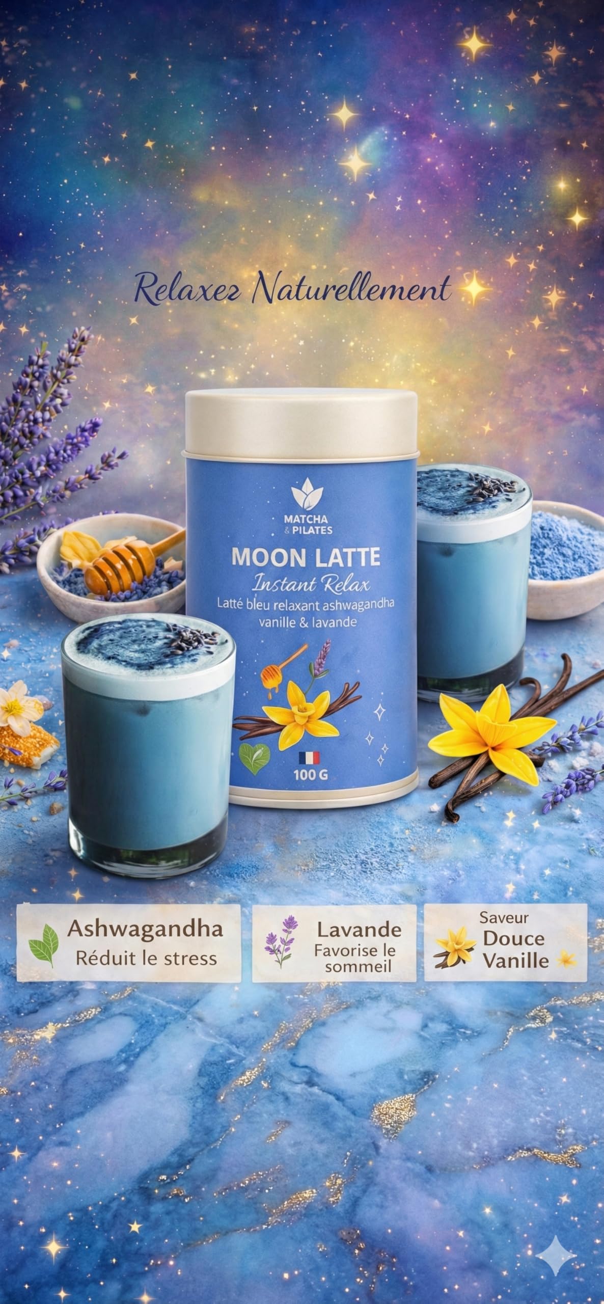 Matcha & Pilates Moon Latte Relax – Latte Bleu à l’Ashwagandha – Vanille & Lavande – Boisson Bien-Être Sans Caféine – 100 g