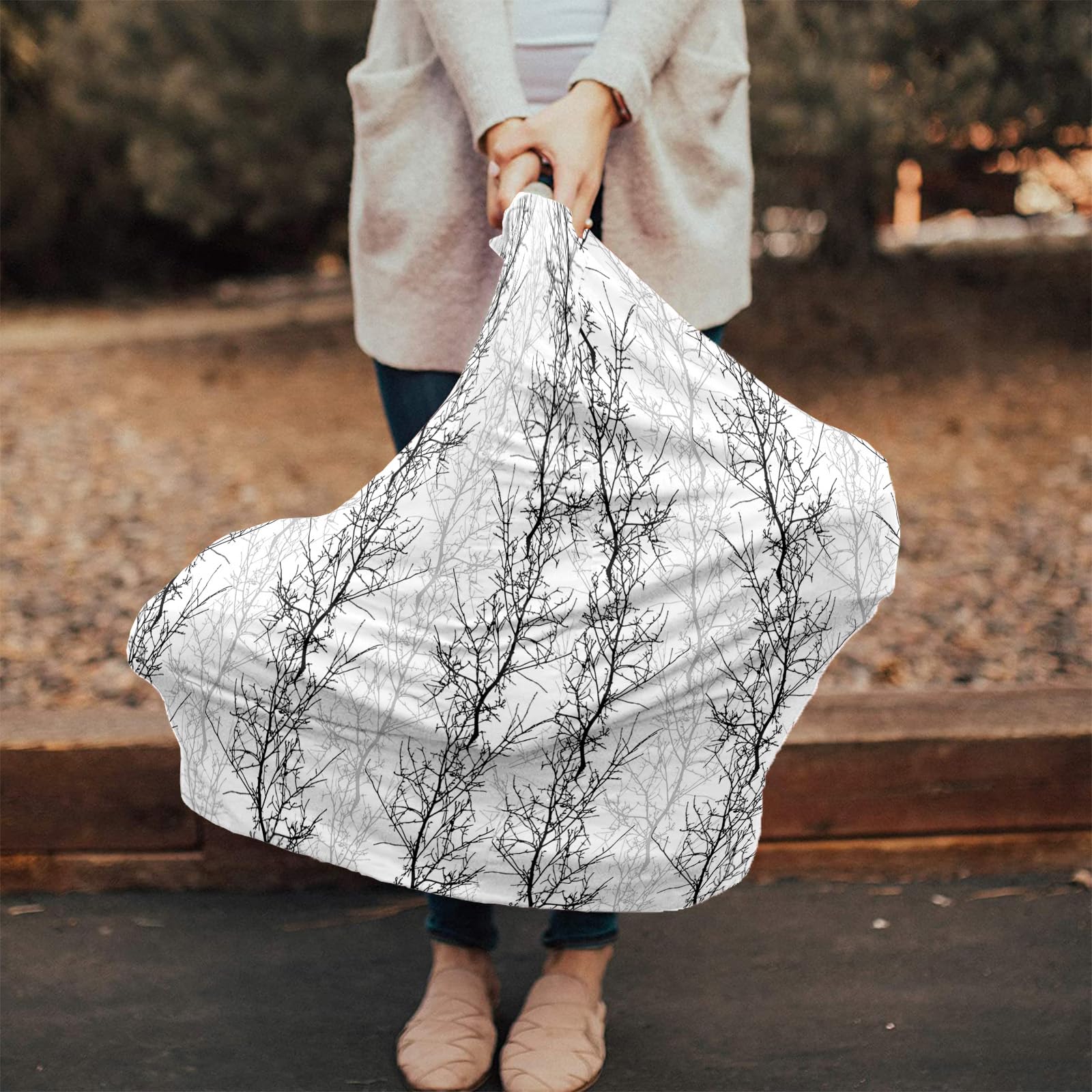 Nursing Cover for Breastfeeding Scarf, Black Twig Grey Tree Branch Farmhouse Baby Car Covers Super Soft Multi Use for Canopy Shopping Cart Cover Blanket Stroller Cover