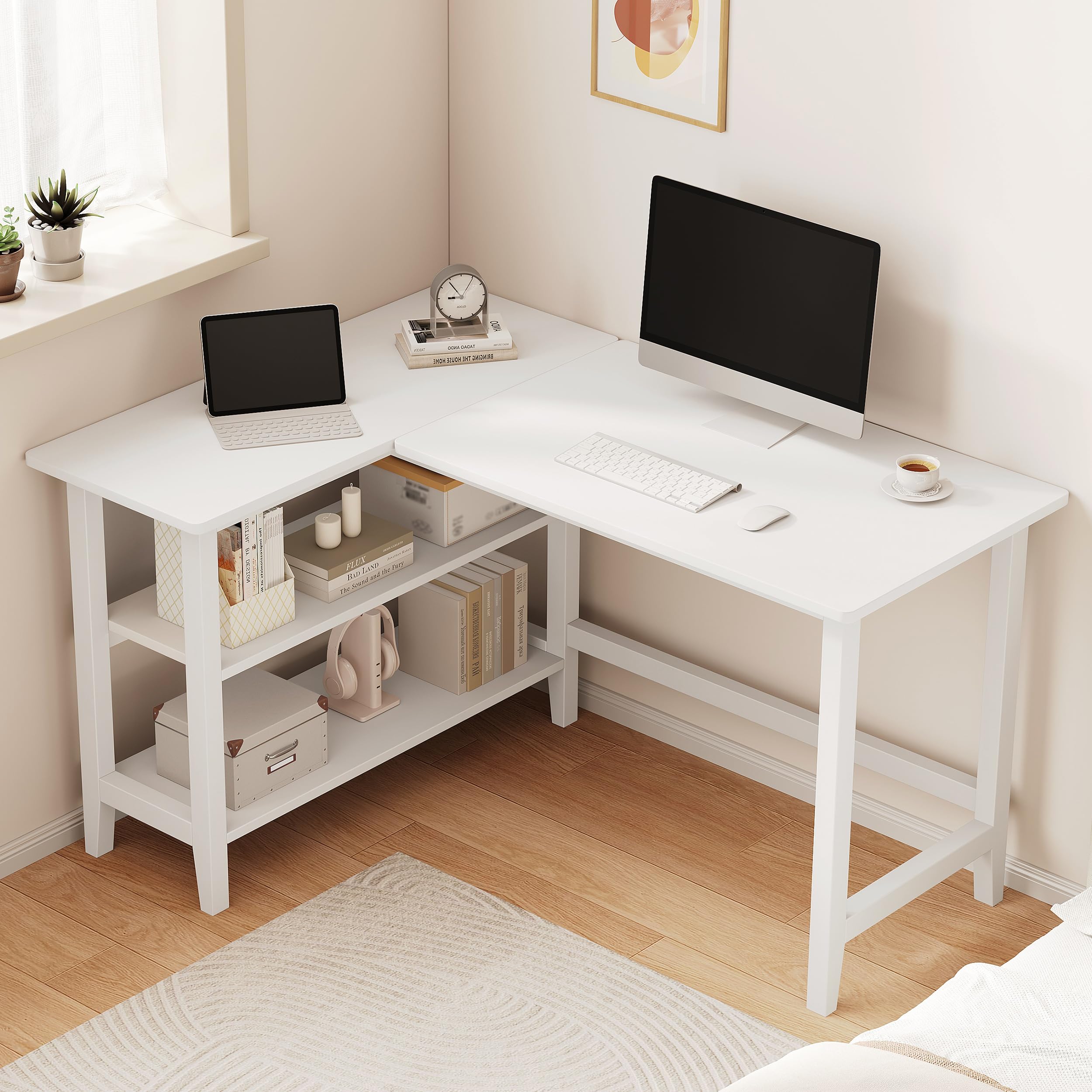 IOTXY Reversible L-Shaped Office Desk - 45" Compact Corner Computer Table with Storage Shelves, Solid Wood Legs, Writing & Study Workstation for Small Spaces, White