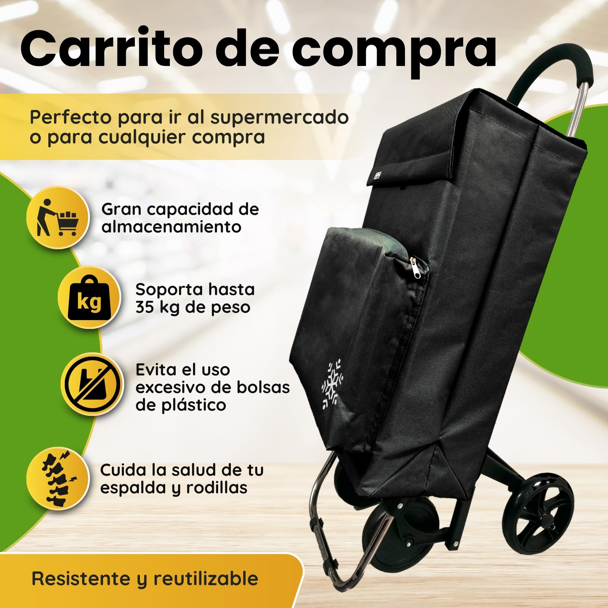 POPYS® Carro de la Compra de 50L + Gancho Multiusos de Regalo con Compartimento Refrigerante | Carrito Compra de 4 y 2 Ruedas Ideal para Supermercado (Requiere Montaje) (Negro.) — view 3