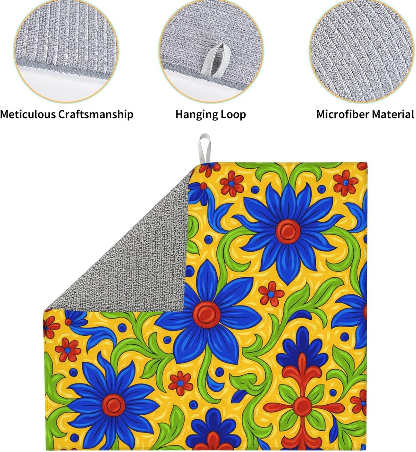 Vintage Yellow Green Floral Dish Drying Mat For Kitchen Counter Mexican Tile Ethnic Art Dry Mats Microfiber Dish Drainer Mat Protector Pad Absorbent Fast Drying Kitchen Must-Have 16x18 Inch
