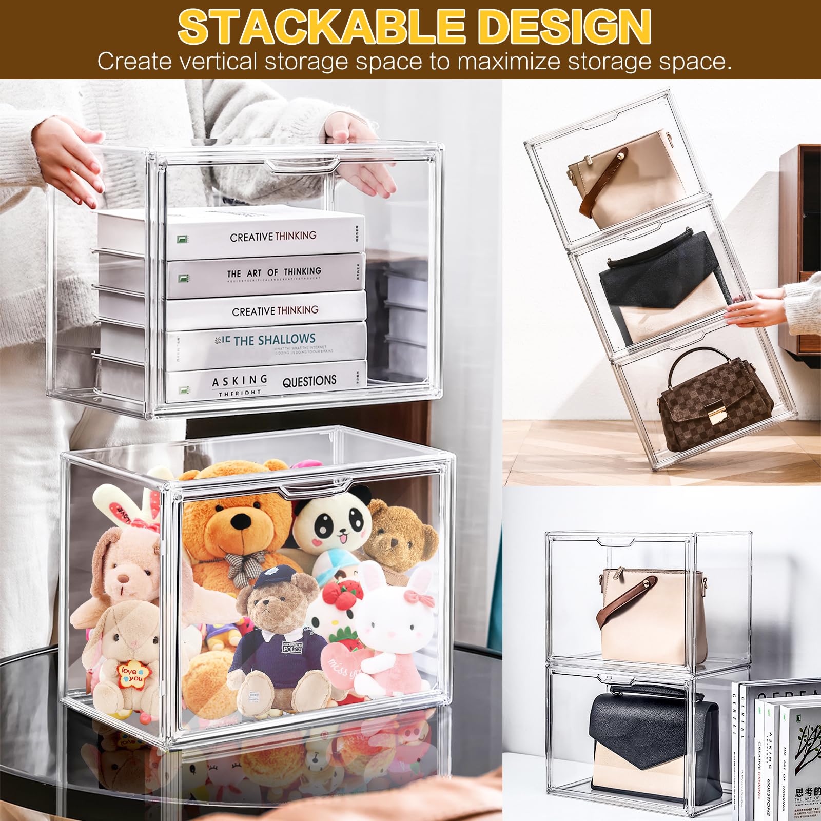 4 Packungen Kunststoff Geldbeutel Lagerung Veranstalter für Schrank, Klare Vitrine für Geldbeutel und Handtaschen, Stapelbare Aufbewahrungsboxen mit magnetischer Tür für Kosmetik Spielzeug