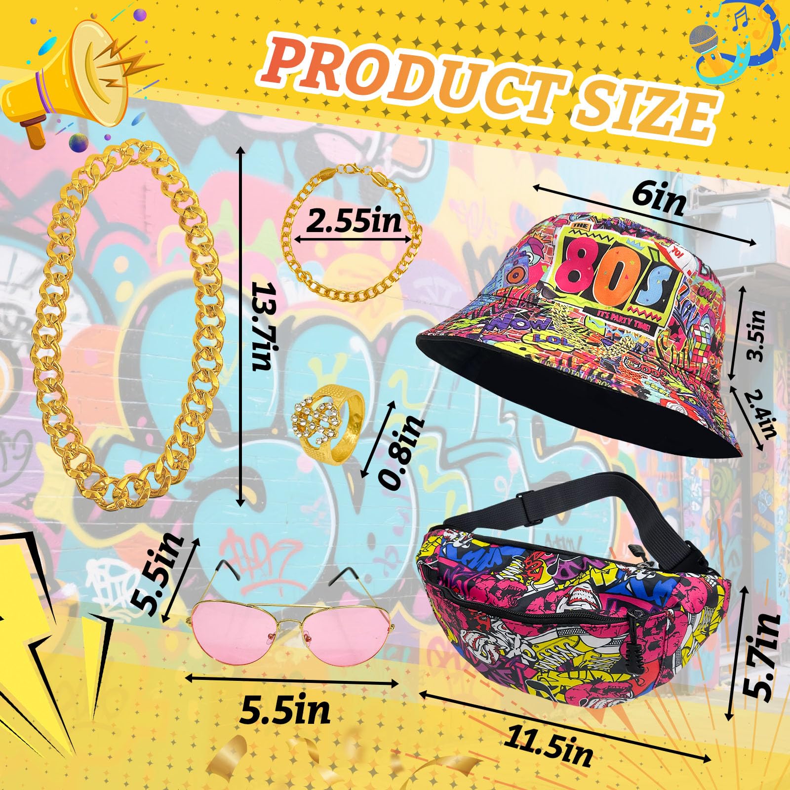 80s 90s Hip Hop Costume Set, Fancy Dress Accessories with Reversible Graffiti Fisherman's Hat, Crossbody Bag - Image 2