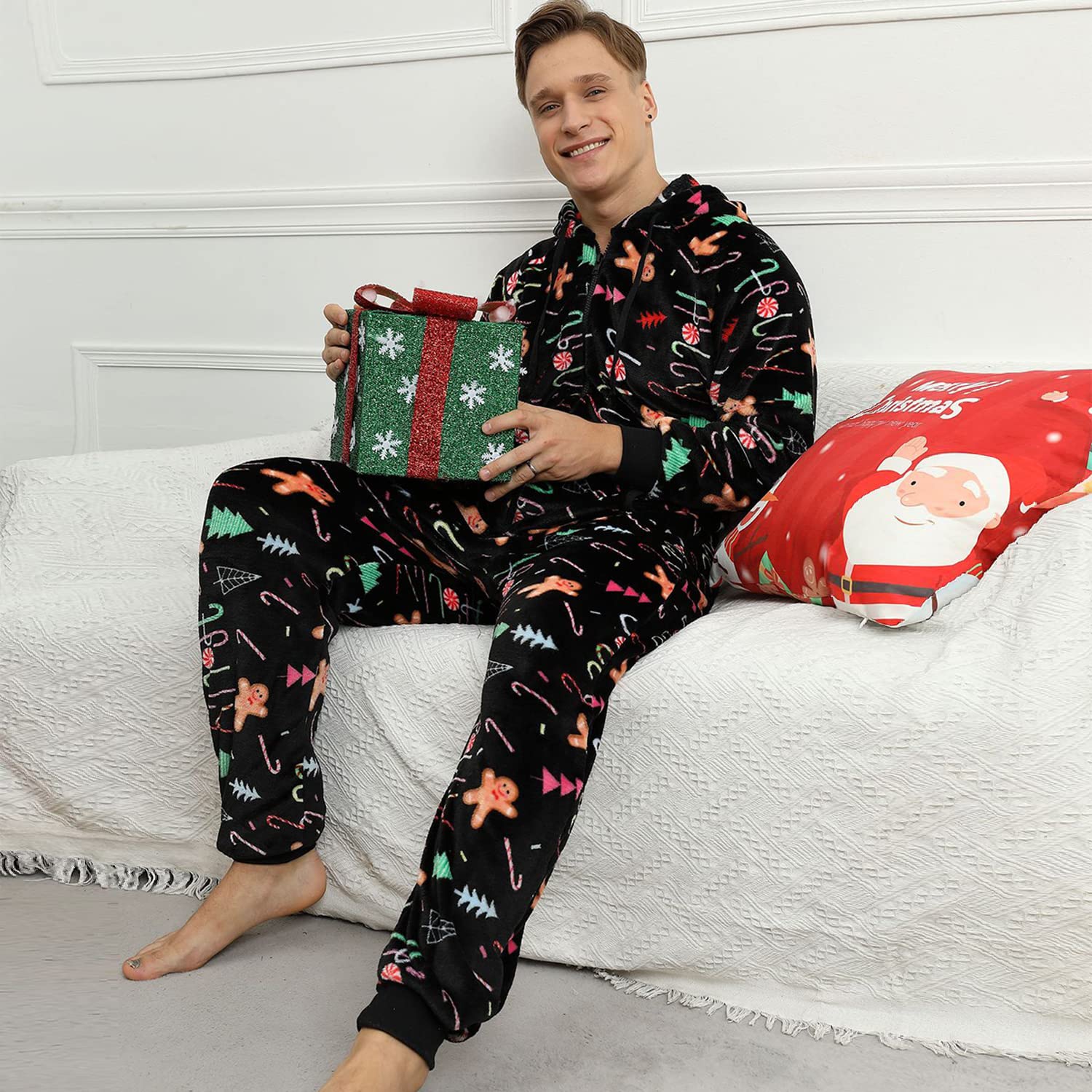 Pijama Navidad Pareja con Capucha Cálido Franela Polar Cremallera Una Pieza Otoño Invierno Primavera Adulto Ropa Mono Pijamas Entero con Bolsillos