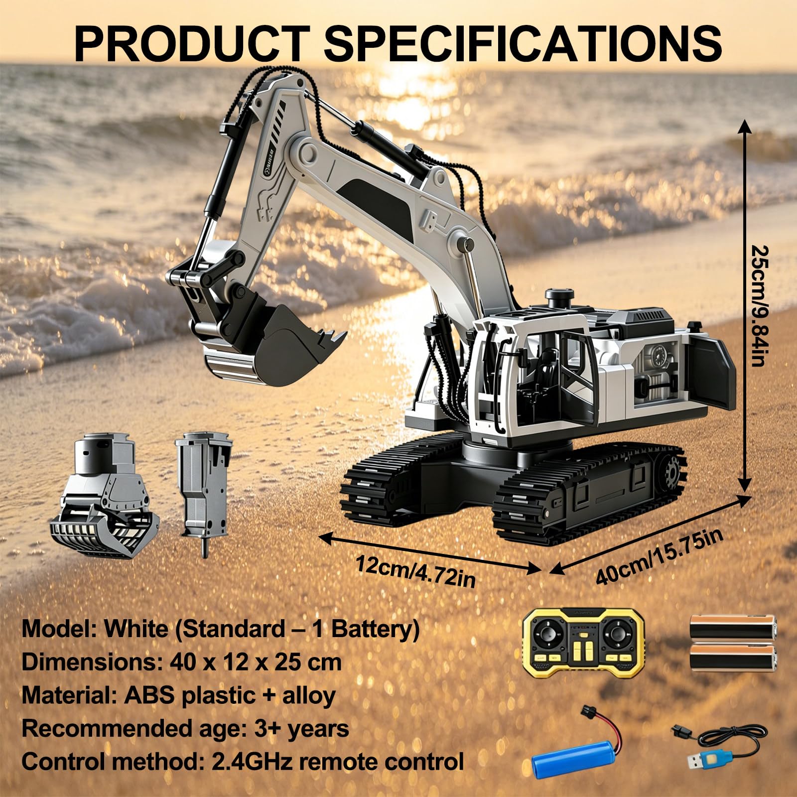 Escavatore Rc Elettrico, Telecomando Escavatore Idraulico Rc, Pinza E Martello Demolitore; modalità Demo Attivabile con Un Tasto, Costruzione Auto Macchina Giocattoli White-Standard1