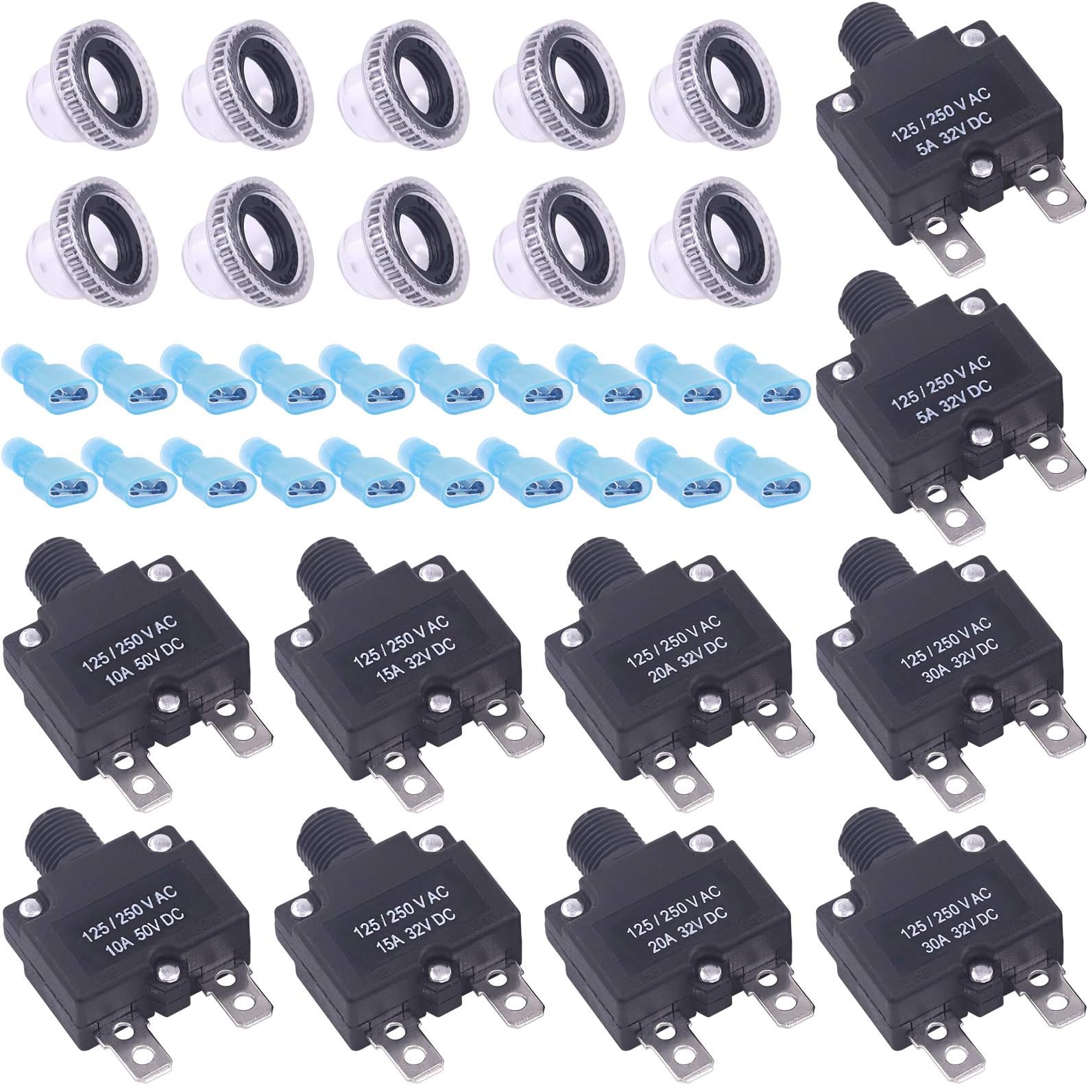 30 Pcs DC Push Button Reset Circuit Breaker Assorted Set with Quick Connect Terminals and Waterproof Button Caps, 5A 10A 15A 20A 30A Overload Protector Switch Kit for Automotive Marine