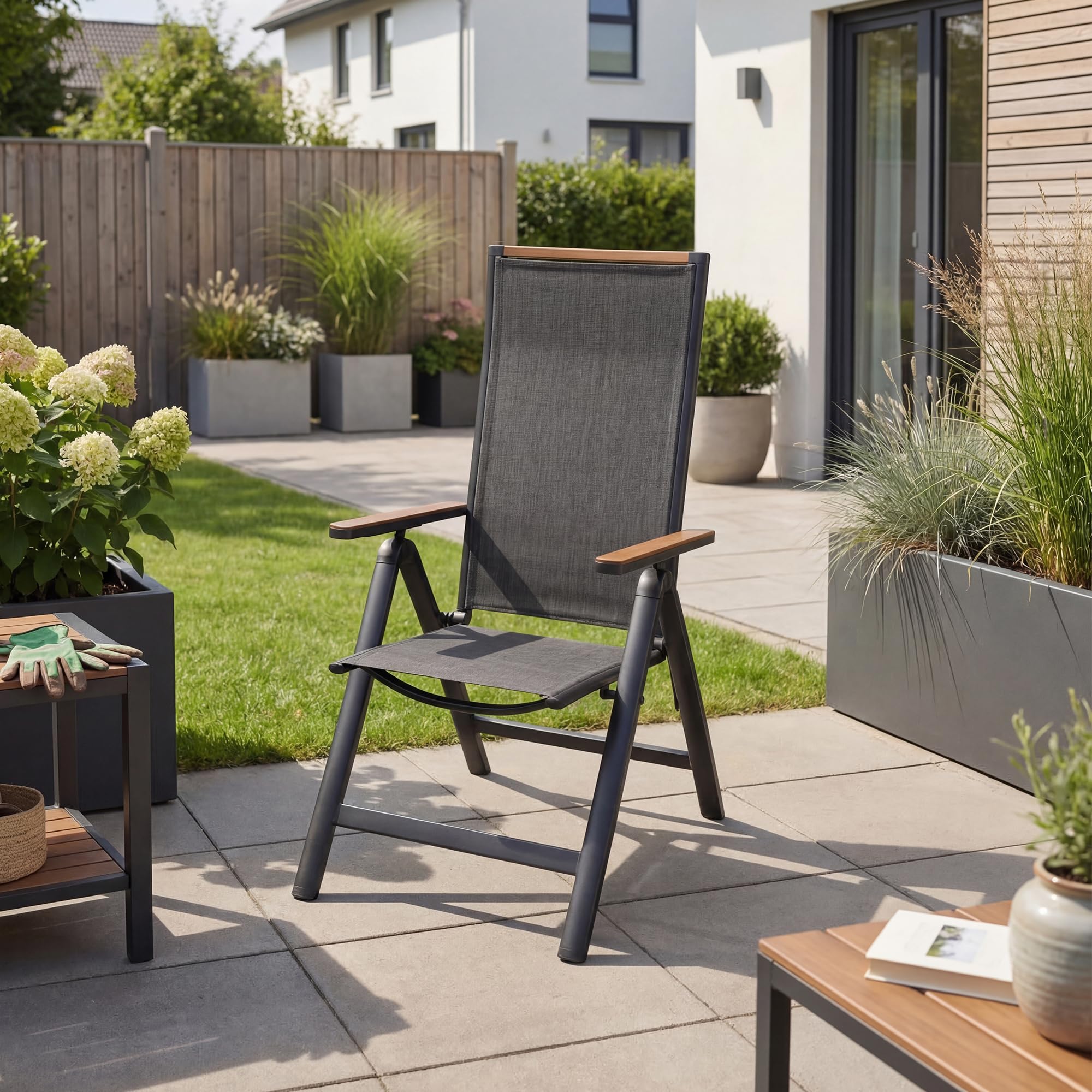 Grand patio Fauteuil Salon, Chaise Pliante Camping, Transat Pliable, Fauteille Relax de Jardin Exterieur, Réglable en 6 Directions, avec Main Courante, Lot de 1