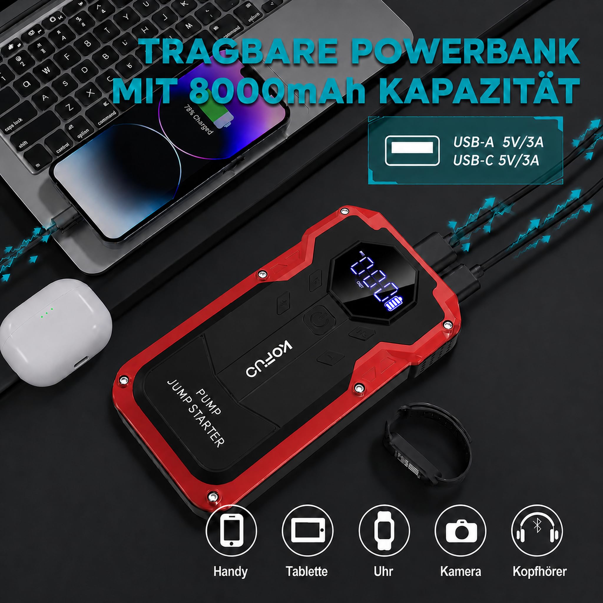6000A Starthilfe Powerbank mit Kompressor für 8L Benzin & 6.5L Diesel (Rot) | 8000mAh Starthilfe Auto für 12V Auto,Wohnmobil, Motorrad&Rasenmähertraktor, Komplettes Zubehörset,3 USB-Ladeanschluss