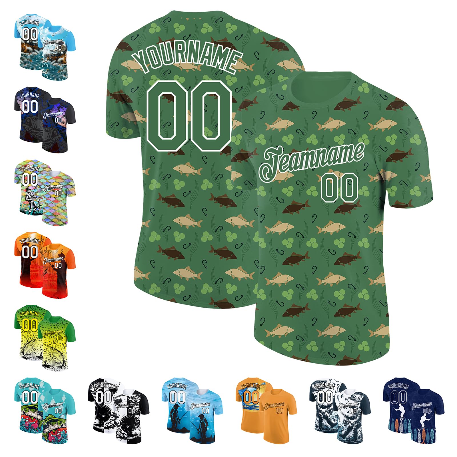 Custom Short Sleeve Fishing Jersey Kelly Green Personalized Mirror Carp and Fish Hook Pattern Sport Tee Shirts Printed Name Number for Men Women Youth, Design Your Own Team Uniform Top for Family Club